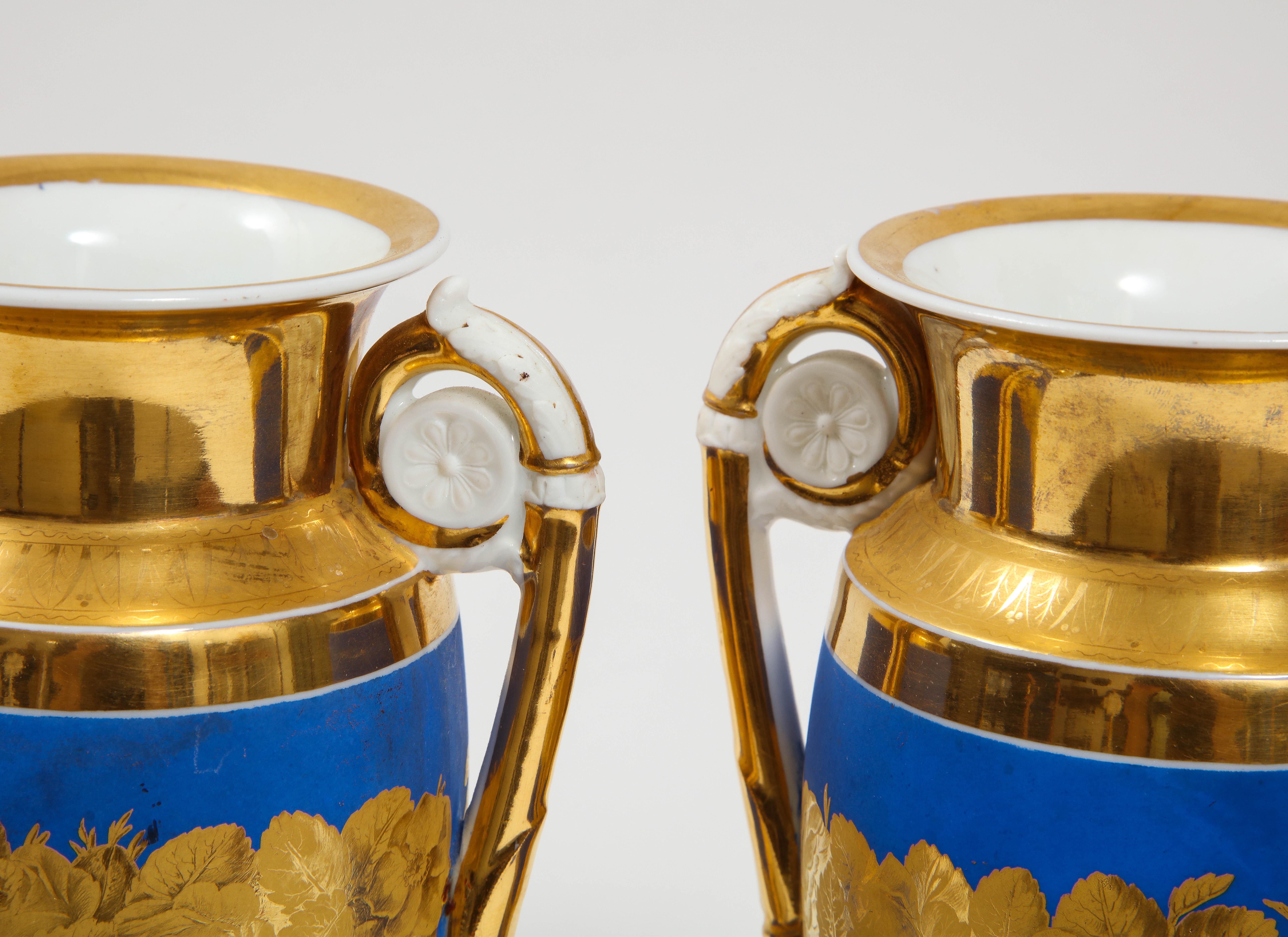 Pair French 19th C. Blue & 2-Tone Gold Ground Porcelain Vases w/ Gold Handles For Sale 5