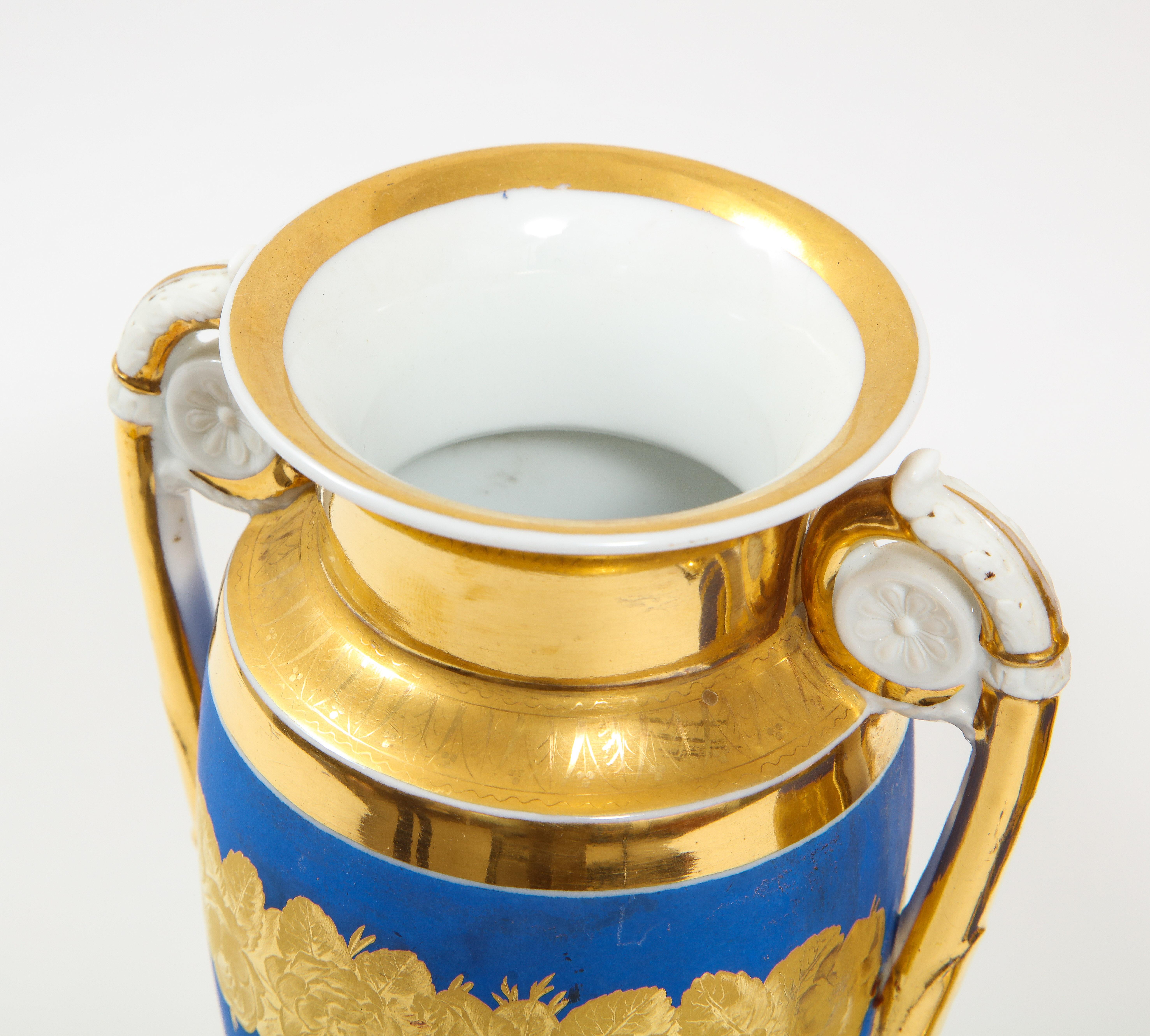 Pair French 19th C. Blue & 2-Tone Gold Ground Porcelain Vases w/ Gold Handles For Sale 6