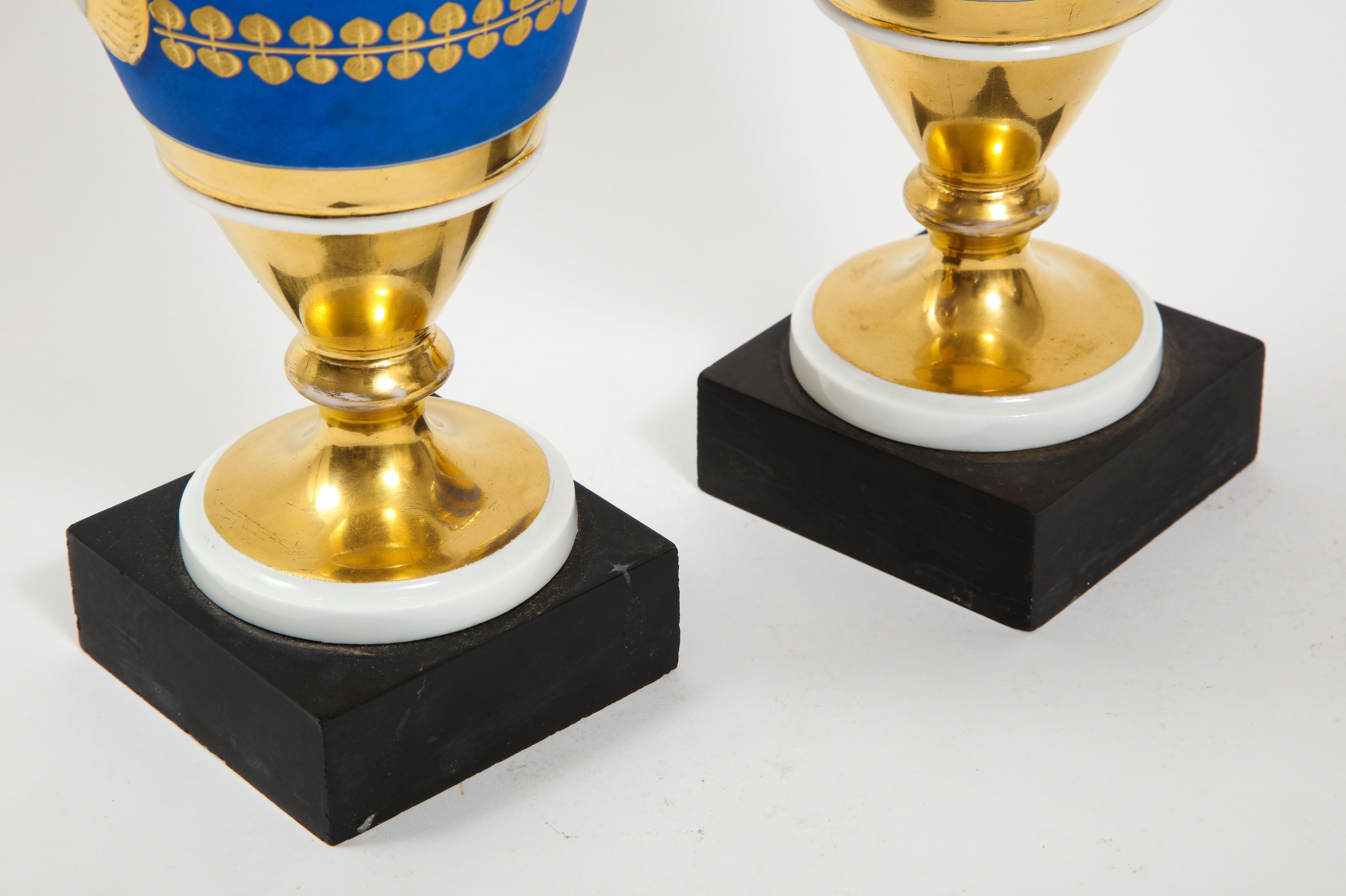 Pair French 19th C. Blue & 2-Tone Gold Ground Porcelain Vases w/ Gold Handles For Sale 7