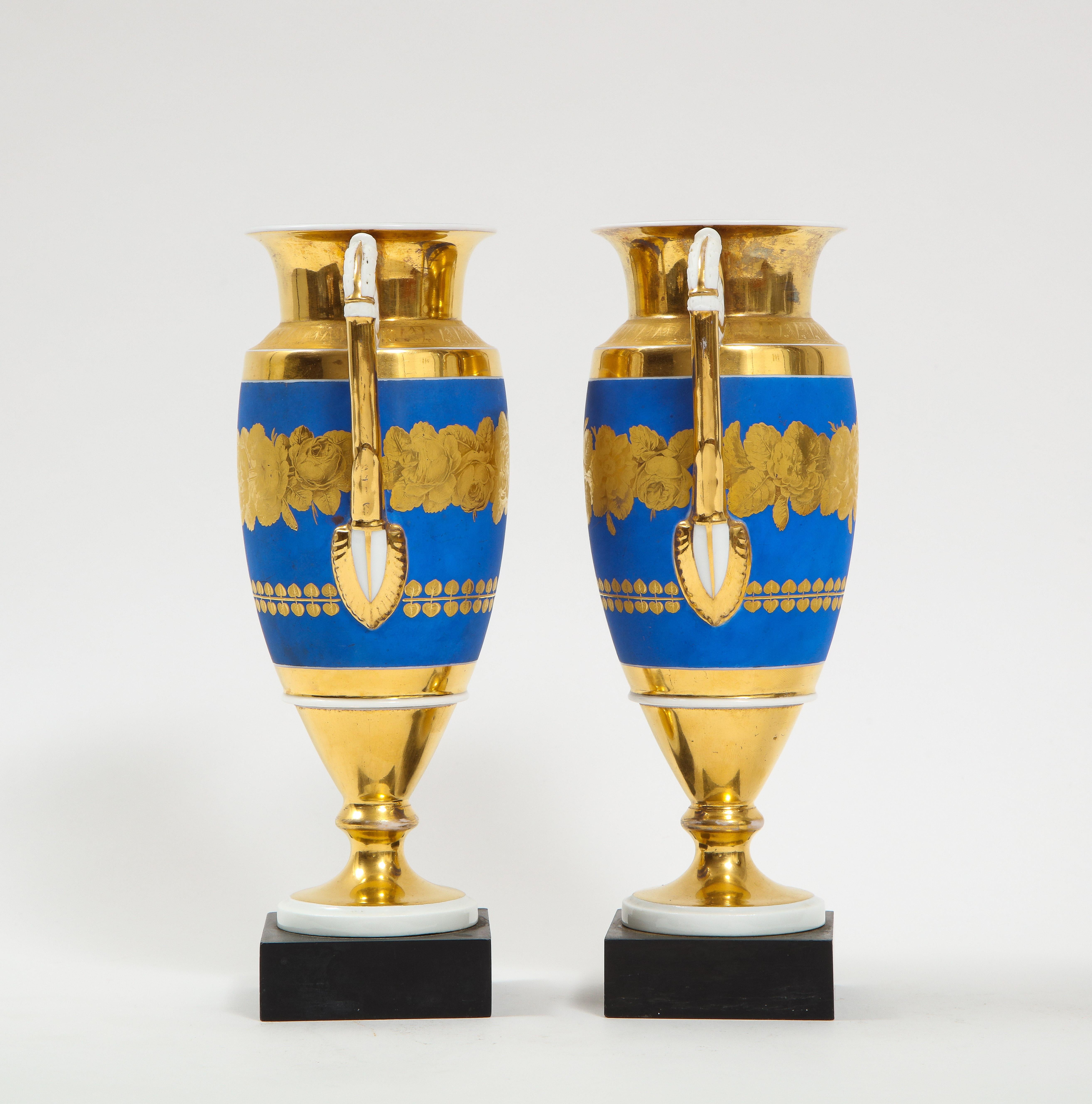 Empire Pair French 19th C. Blue & 2-Tone Gold Ground Porcelain Vases w/ Gold Handles For Sale