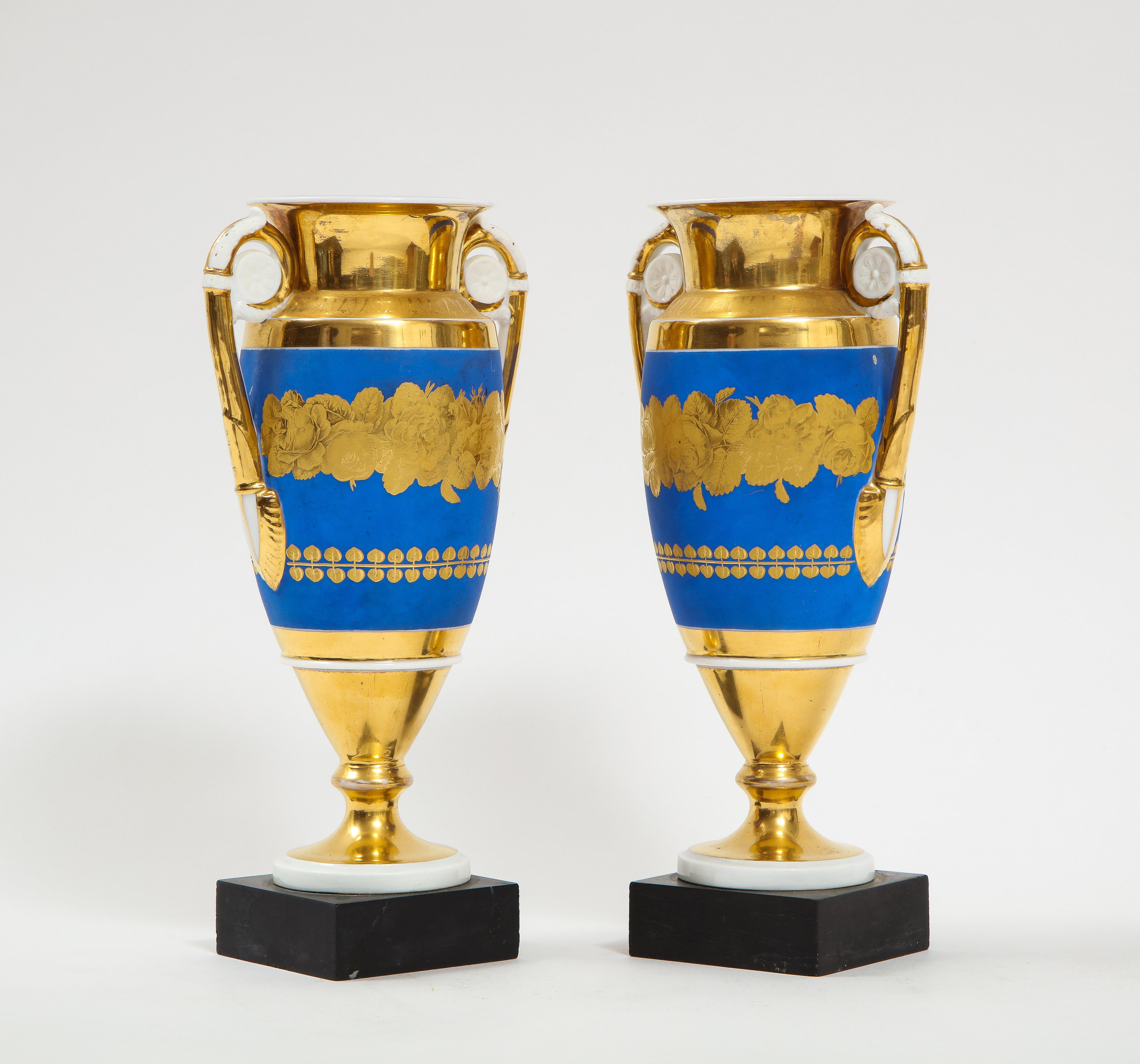 Hand-Painted Pair French 19th C. Blue & 2-Tone Gold Ground Porcelain Vases w/ Gold Handles For Sale