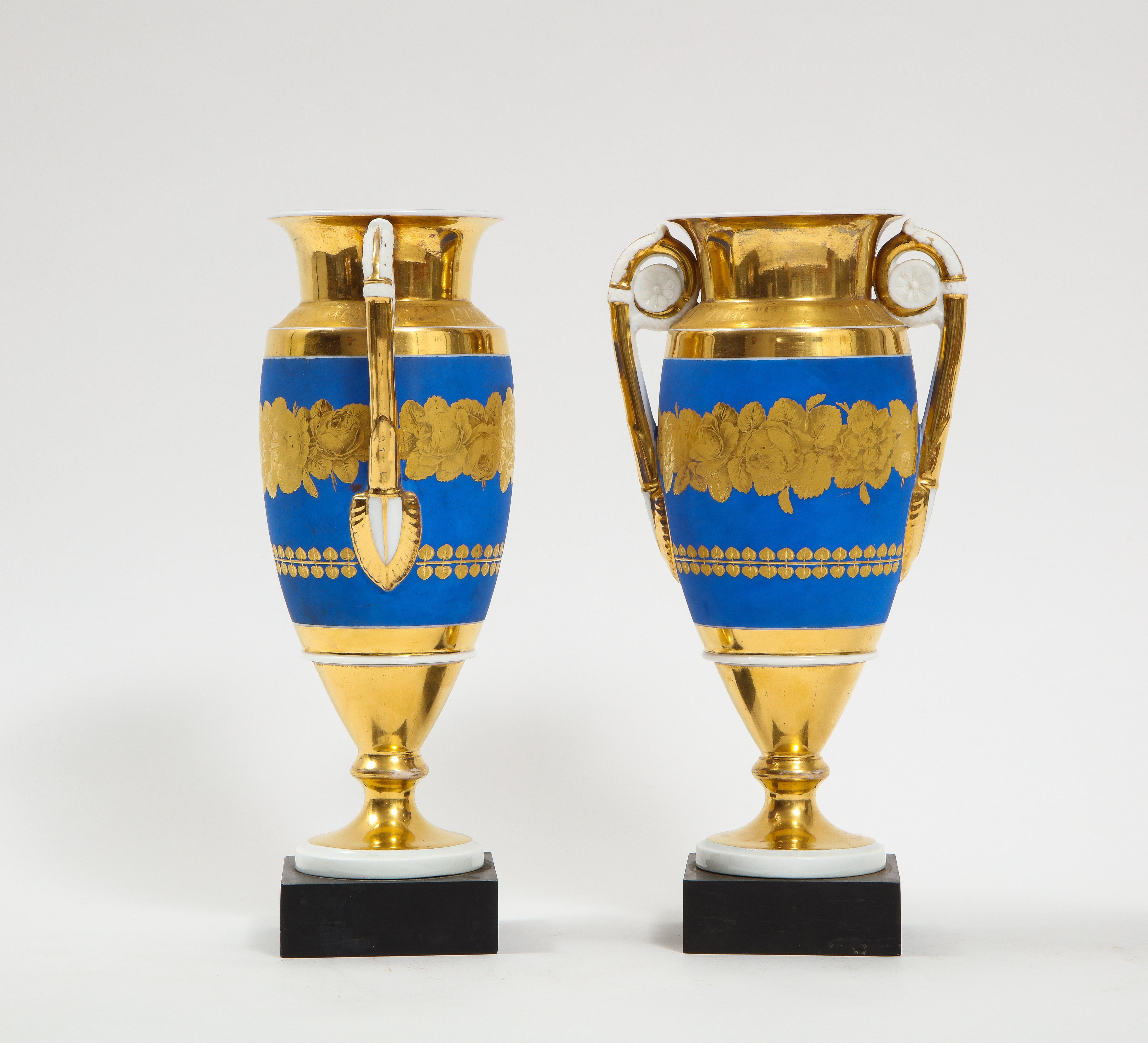 Pair French 19th C. Blue & 2-Tone Gold Ground Porcelain Vases w/ Gold Handles In Good Condition For Sale In New York, NY