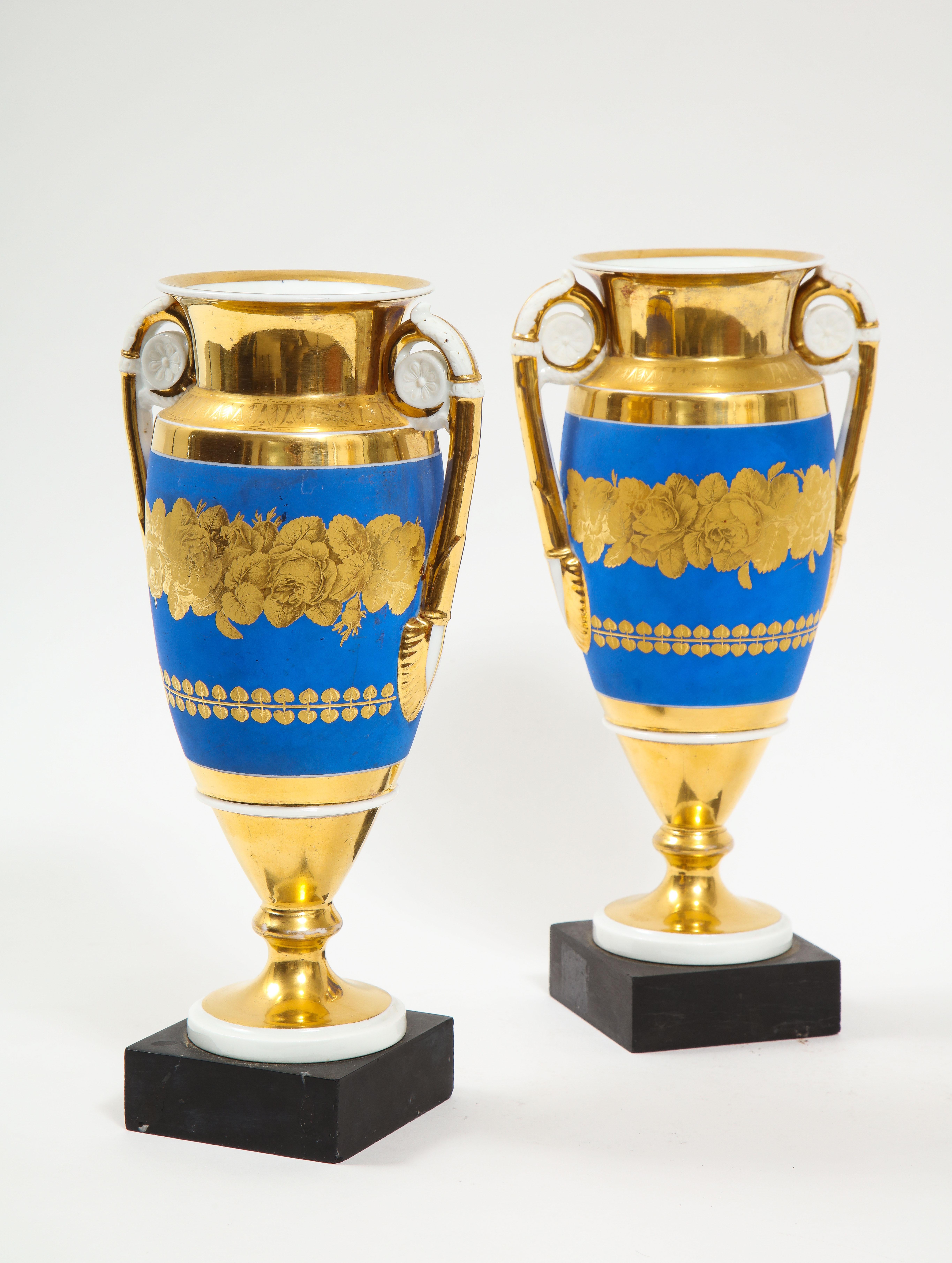 Early 19th Century Pair French 19th C. Blue & 2-Tone Gold Ground Porcelain Vases w/ Gold Handles For Sale