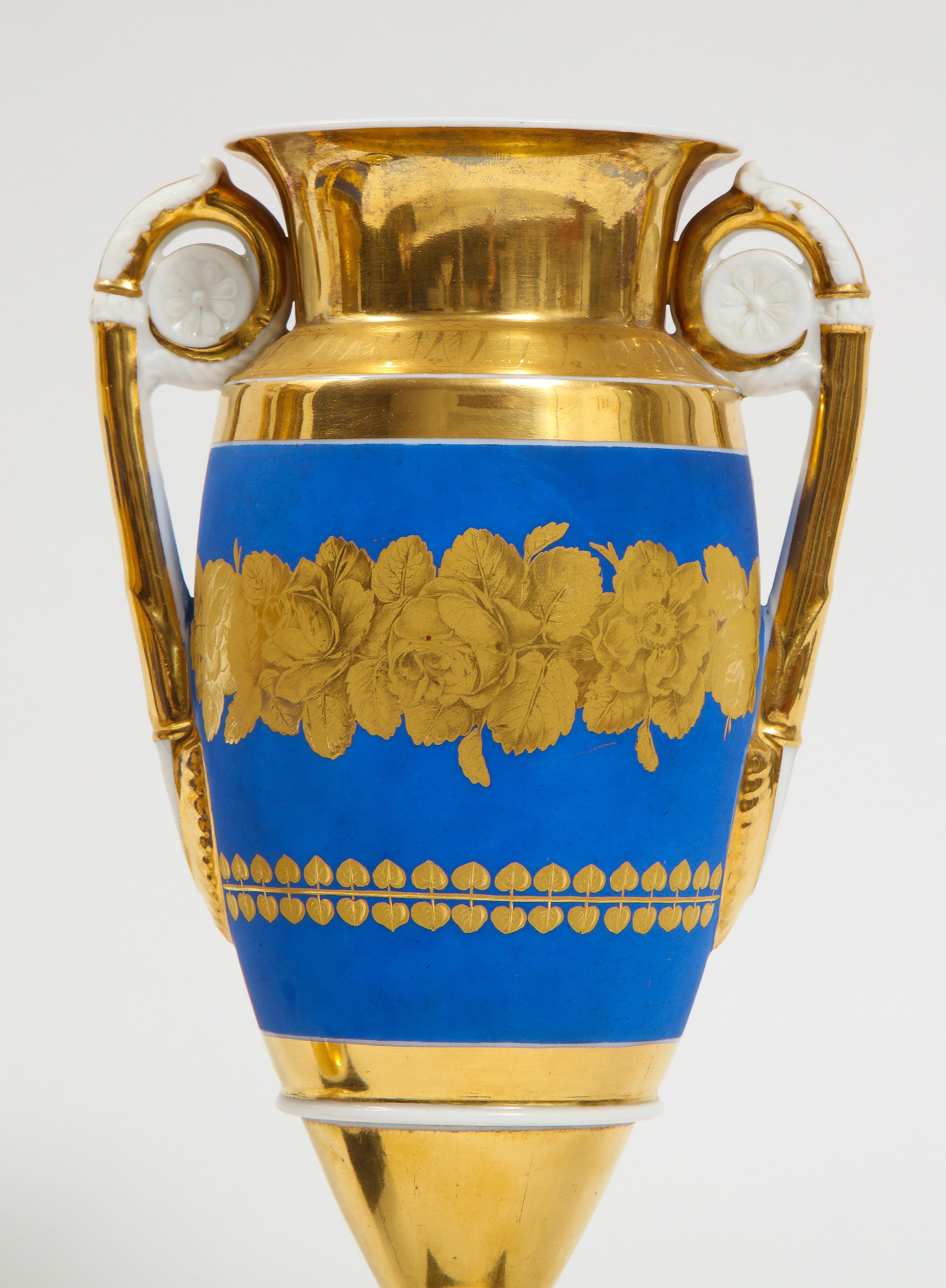 Pair French 19th C. Blue & 2-Tone Gold Ground Porcelain Vases w/ Gold Handles For Sale 3