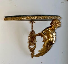 Pair French 19th C Bronze Dore Marble Cherub Wall Mounting Console Tables