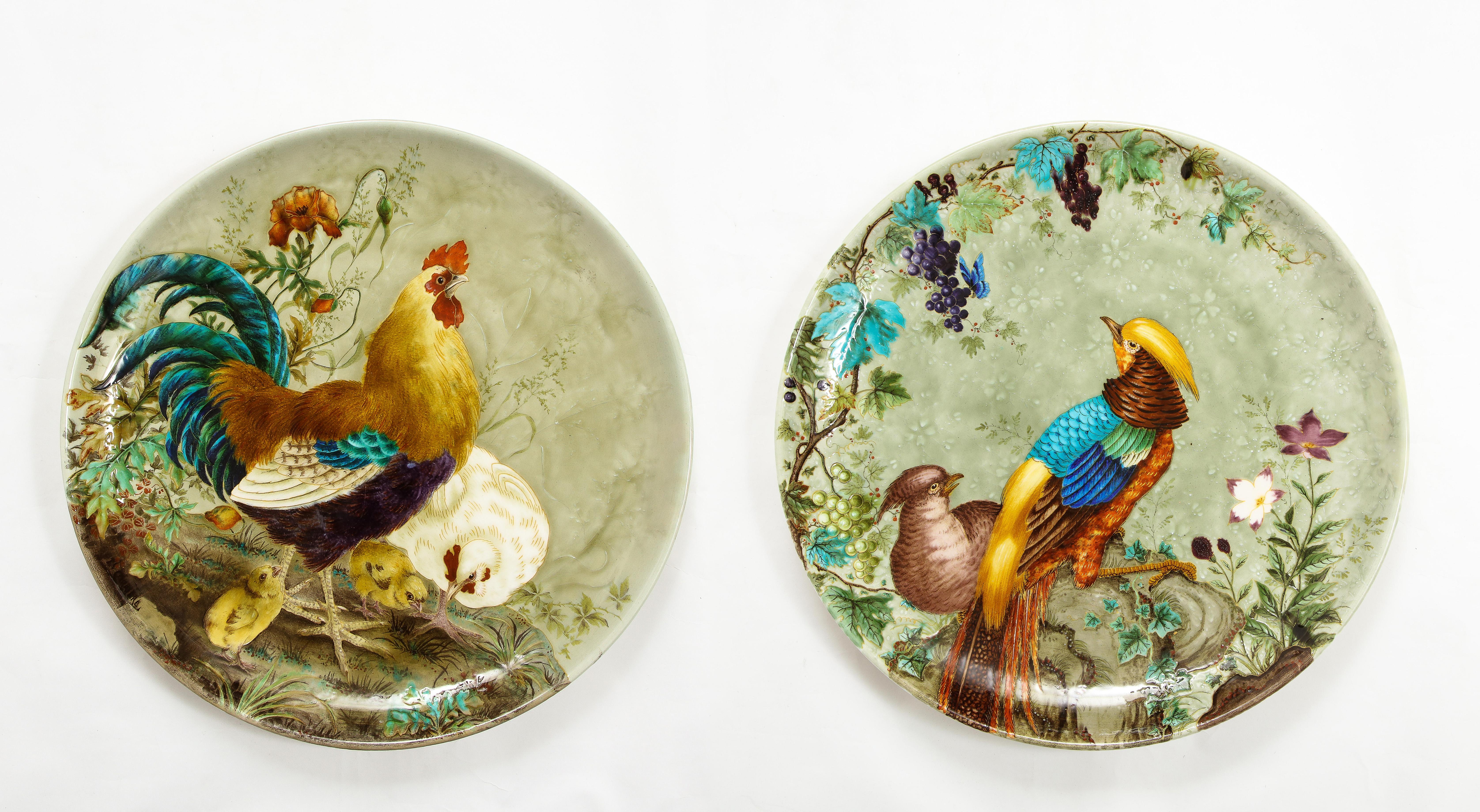 A Monumental fantastic quality pair of french 19th century Theodore deck earthenware poly-chrome enamel chargers, signed Ernest Carrière. Each of these is absolutely gorgeous with the best hand-painted enamel by one of the best artists from the