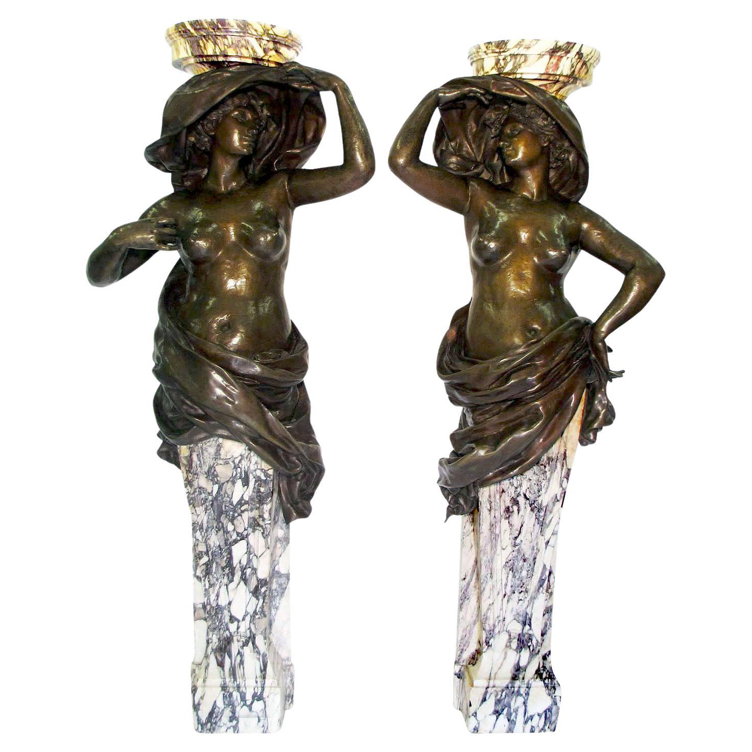A Pair French 19th Century Bronze Nude Maidens Torchere, Carrier-Belleuse Attr. 