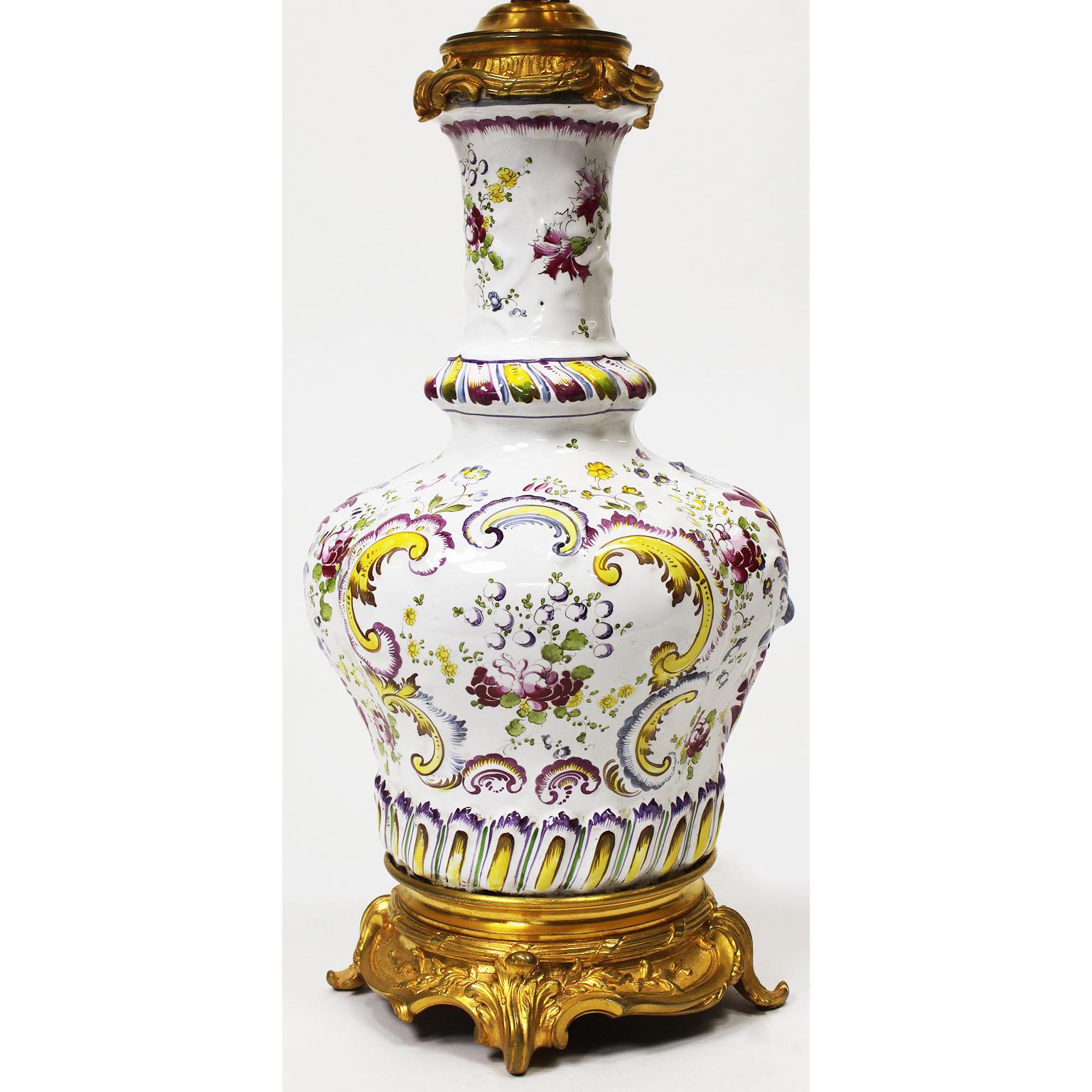 Louis XV Pair of 19th Century Gilt-Bronze & Faience Porcelain Table Lamp Candelabras For Sale
