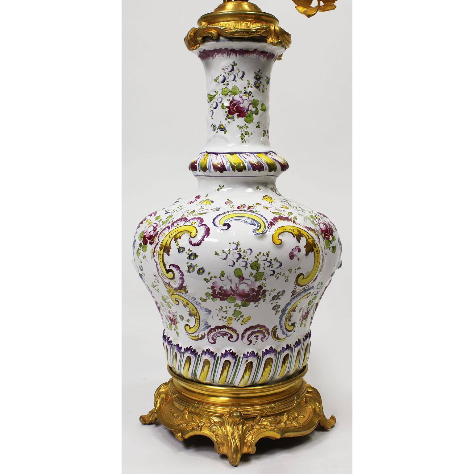 Hand-Painted Pair of 19th Century Gilt-Bronze & Faience Porcelain Table Lamp Candelabras For Sale