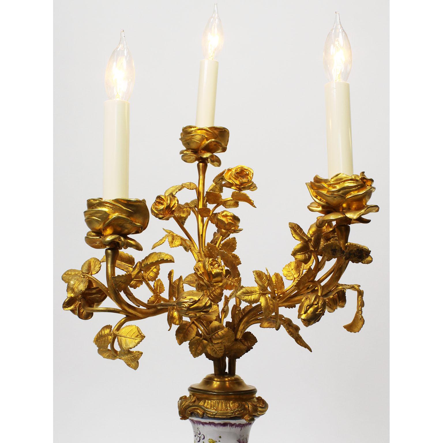 Early 20th Century Pair of 19th Century Gilt-Bronze & Faience Porcelain Table Lamp Candelabras For Sale