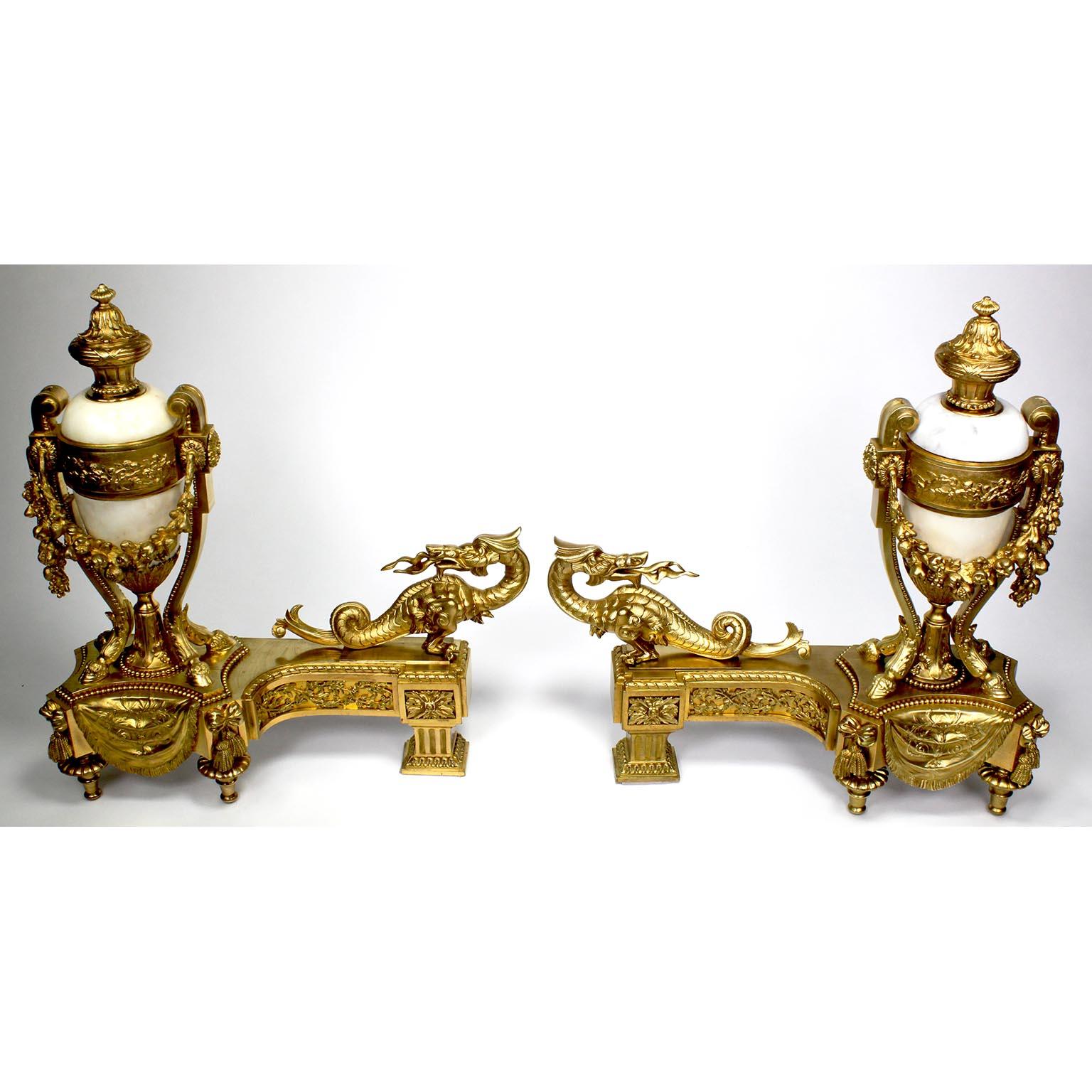 Pair French 19th Century Japonisme Style Gilt-Bronze & Marble Chenets, Bouhon For Sale 8