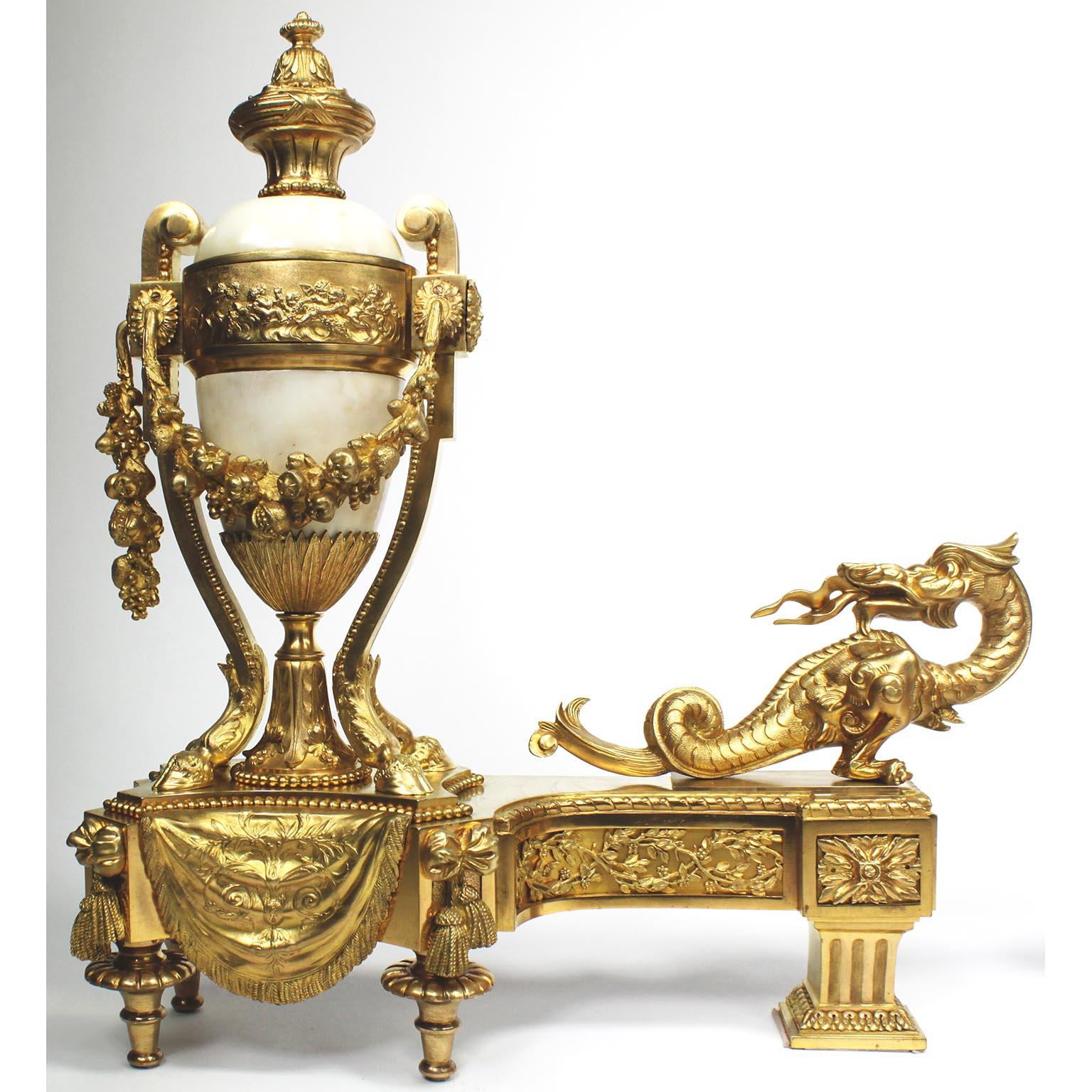 A fine pair of French 19th century Japonisme Louis XV style Gilt-Bronze and Marble Figural Chenets (Andirons) by BOUHON FRES, each depicting a flaming dragon atop an 
