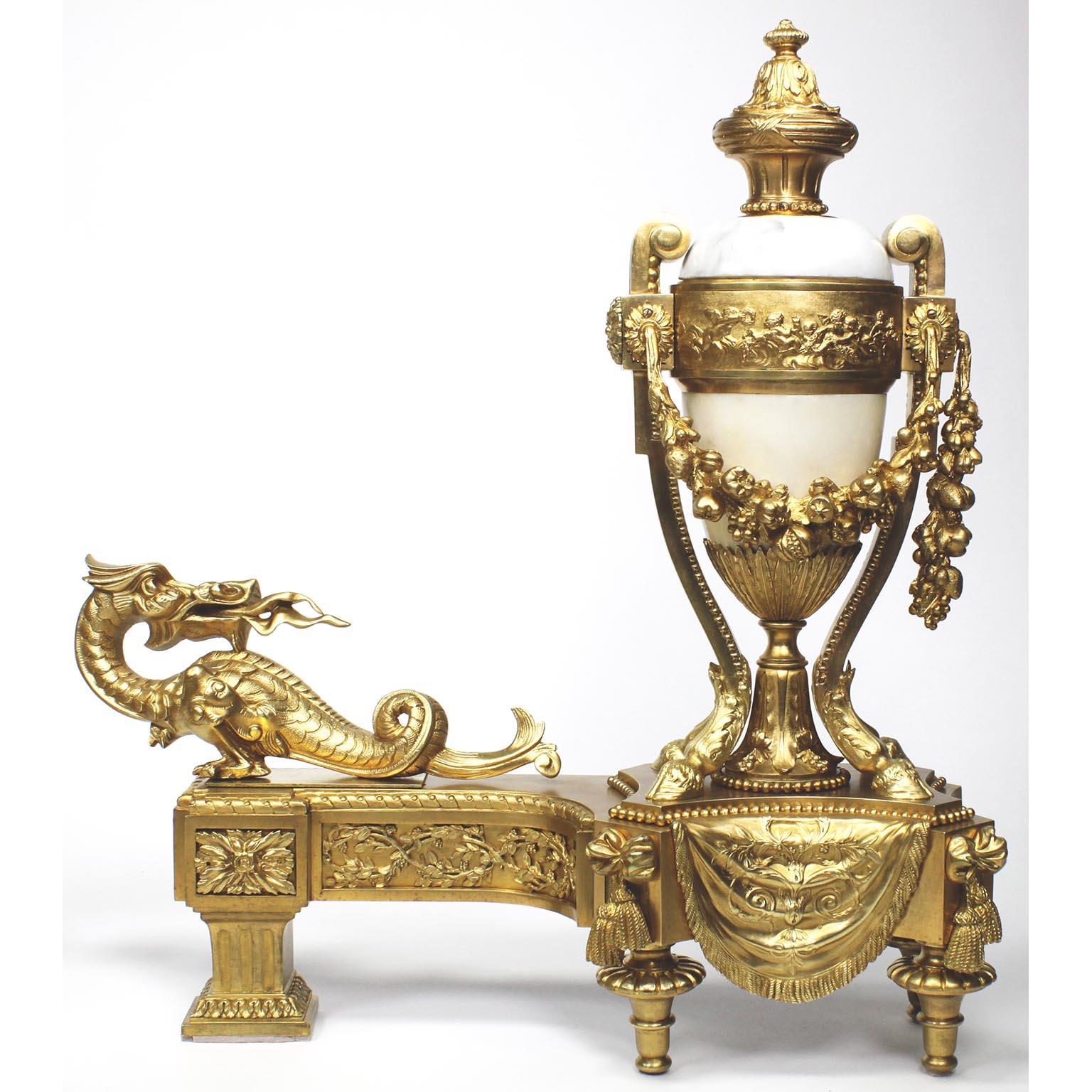 Pair French 19th Century Japonisme Style Gilt-Bronze & Marble Chenets, Bouhon In Good Condition For Sale In Los Angeles, CA