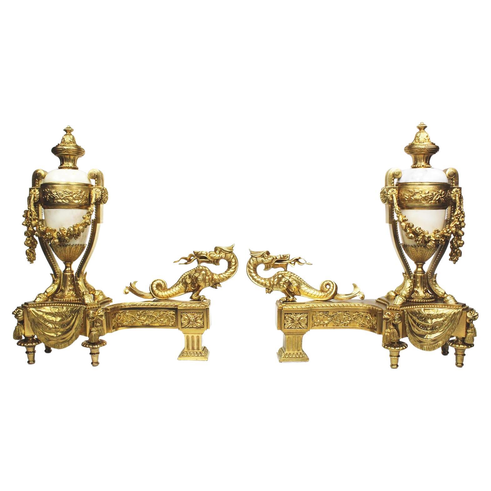 Pair French 19th Century Japonisme Style Gilt-Bronze & Marble Chenets, Bouhon