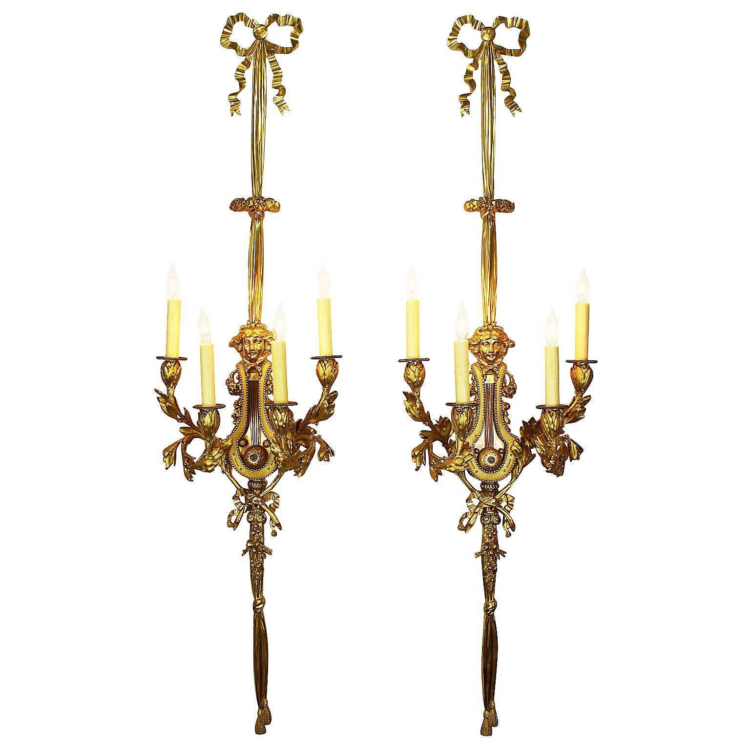 Pair French 19th Century Louis XVI Gilt-Bronze Wall Lights, Attr. Henry Dasson