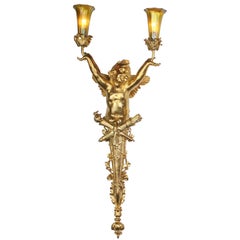 A Pair French Belle Époque Gilt-Bronze Cherub Wall-Lights, After Joseph Chéret