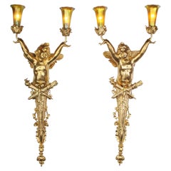 A Pair French Belle Époque Gilt-Bronze Cherub Wall-Lights, After Joseph Chéret