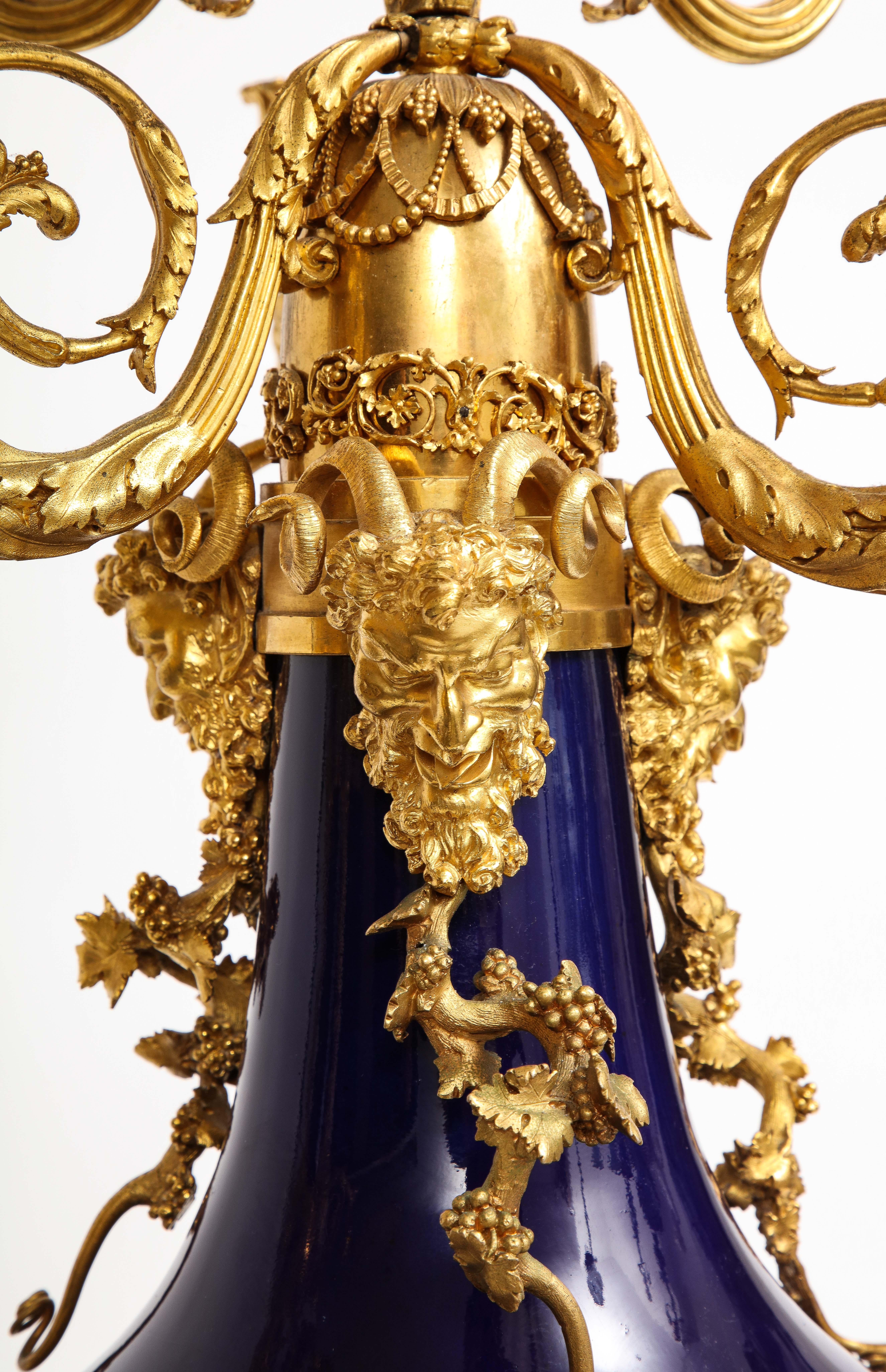A Pair French Ormolu Mounted Blue Porcelain Candelabras, Att. Henry Dasson For Sale 1