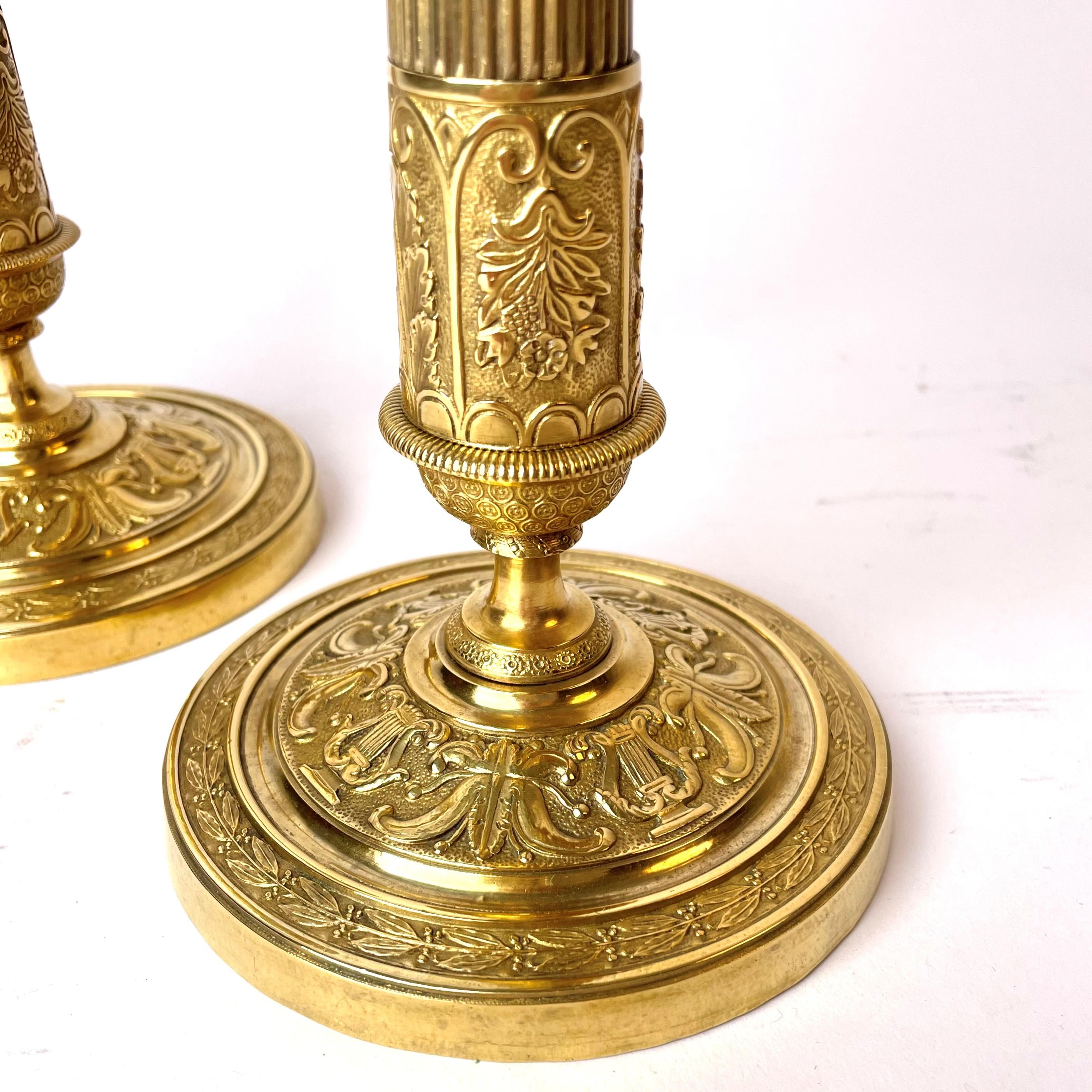 French Pair Gilt Bronze Candlesticks Signed by Mene from 1830s