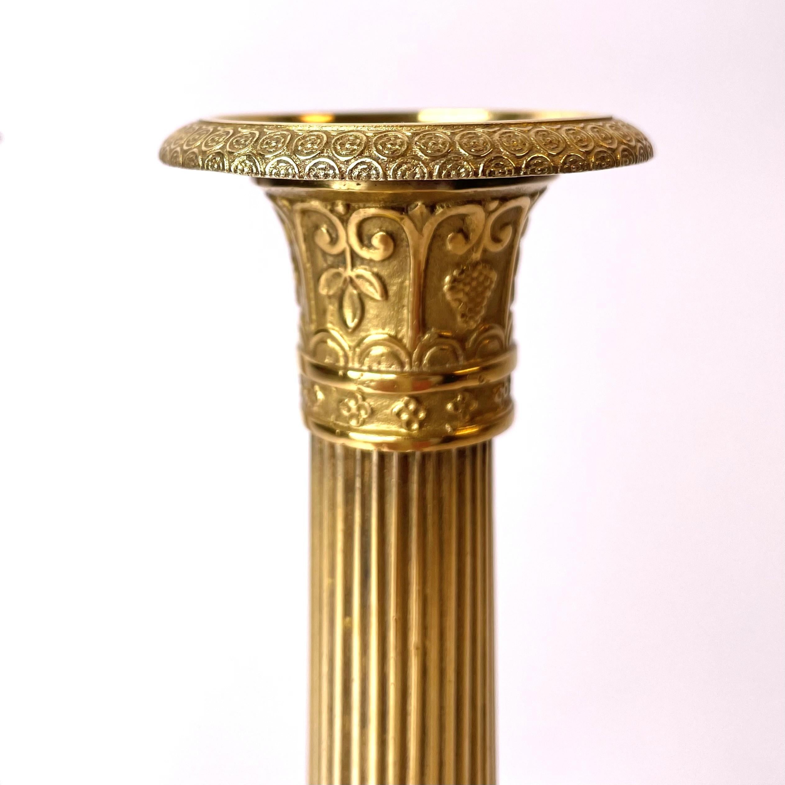 Pair Gilt Bronze Candlesticks Signed by Mene from 1830s In Good Condition In Knivsta, SE