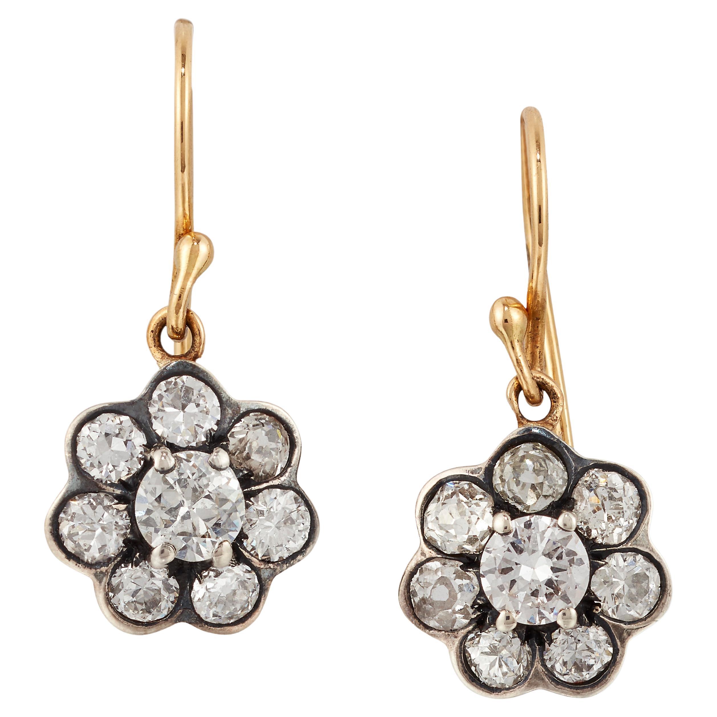 Pair Gold and Silver Set Old-Cut Diamond Cluster Earrings