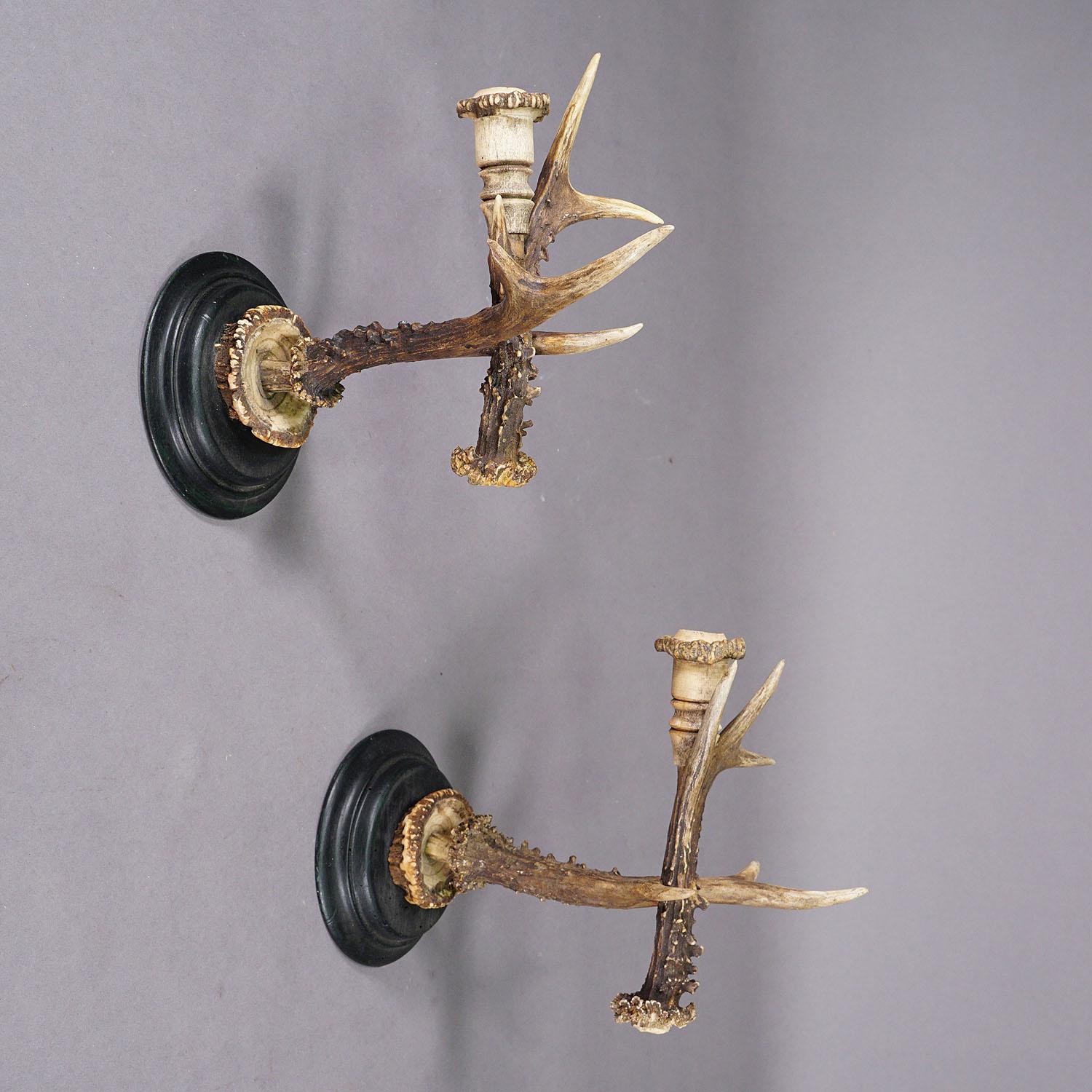 Rustic A Pair Great Black Forest Wall Sconces with Deer Horns, Germany ca. 1900 For Sale
