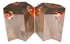 Pair of Grey Angular Pedestal Form Modernists Mosaic Decorated Occasional Tables