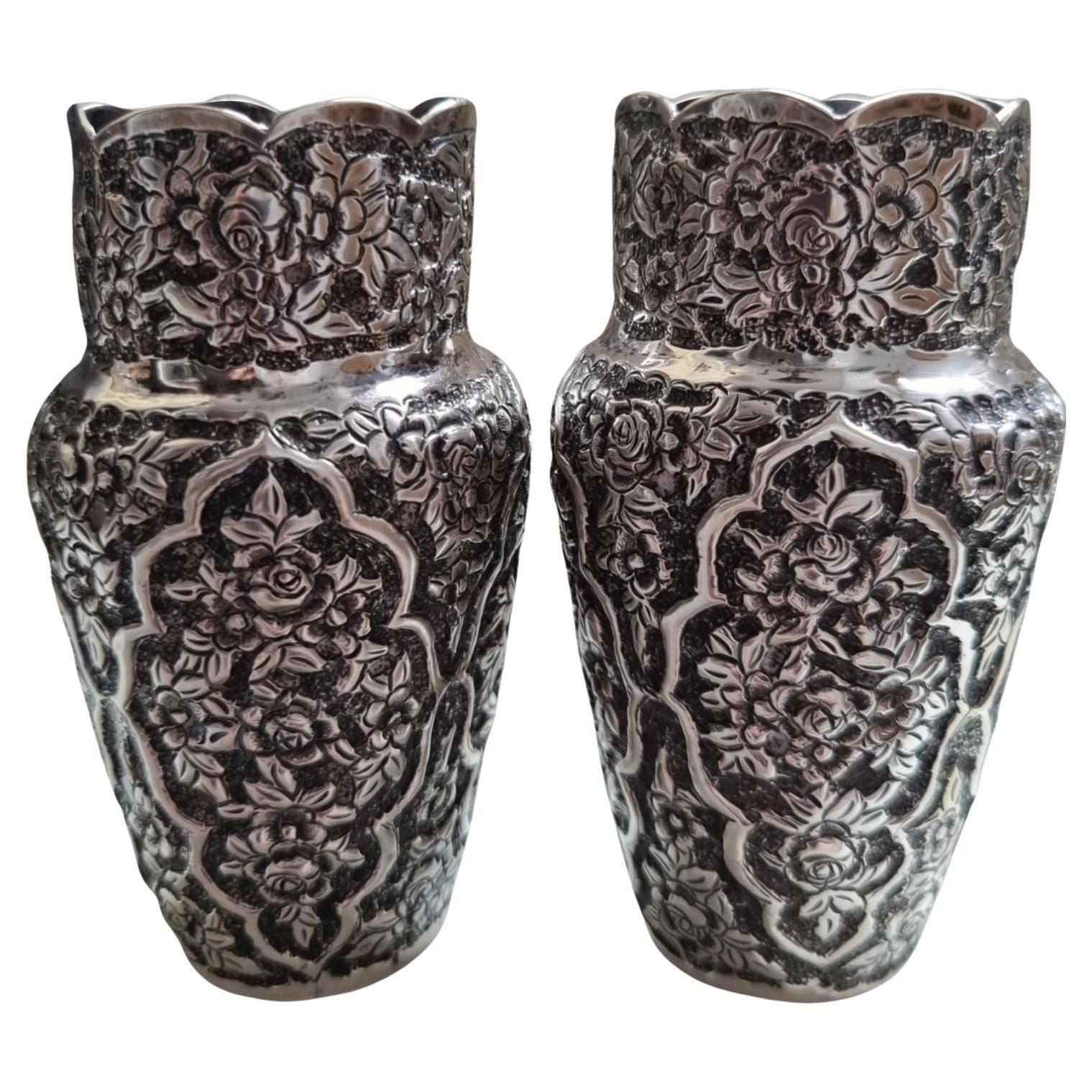Pair Handmade Persian Silver Qhalamzani Beakers, Late 19th Century, Isfahan
