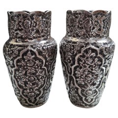 Antique Pair Handmade Persian Silver Qhalamzani Beakers, Late 19th Century, Isfahan