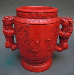 Pair Hollywood Regency Red Lacquered Chalkware Chinoiserie Style Urns