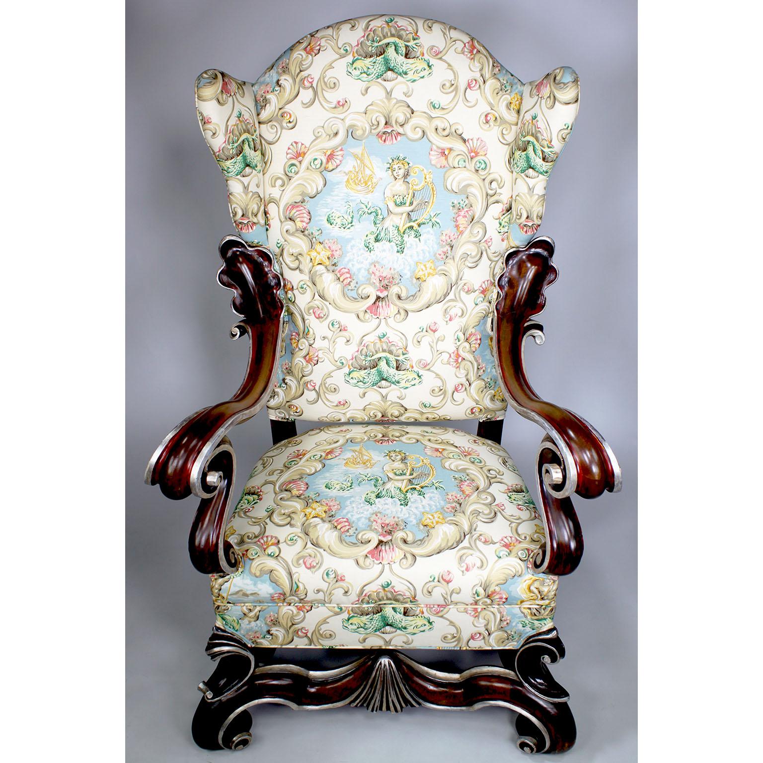 Cotton Large Pair of Baroque Style Walnut & Parcel-Silver Leaf Winged Throne Armchairs For Sale
