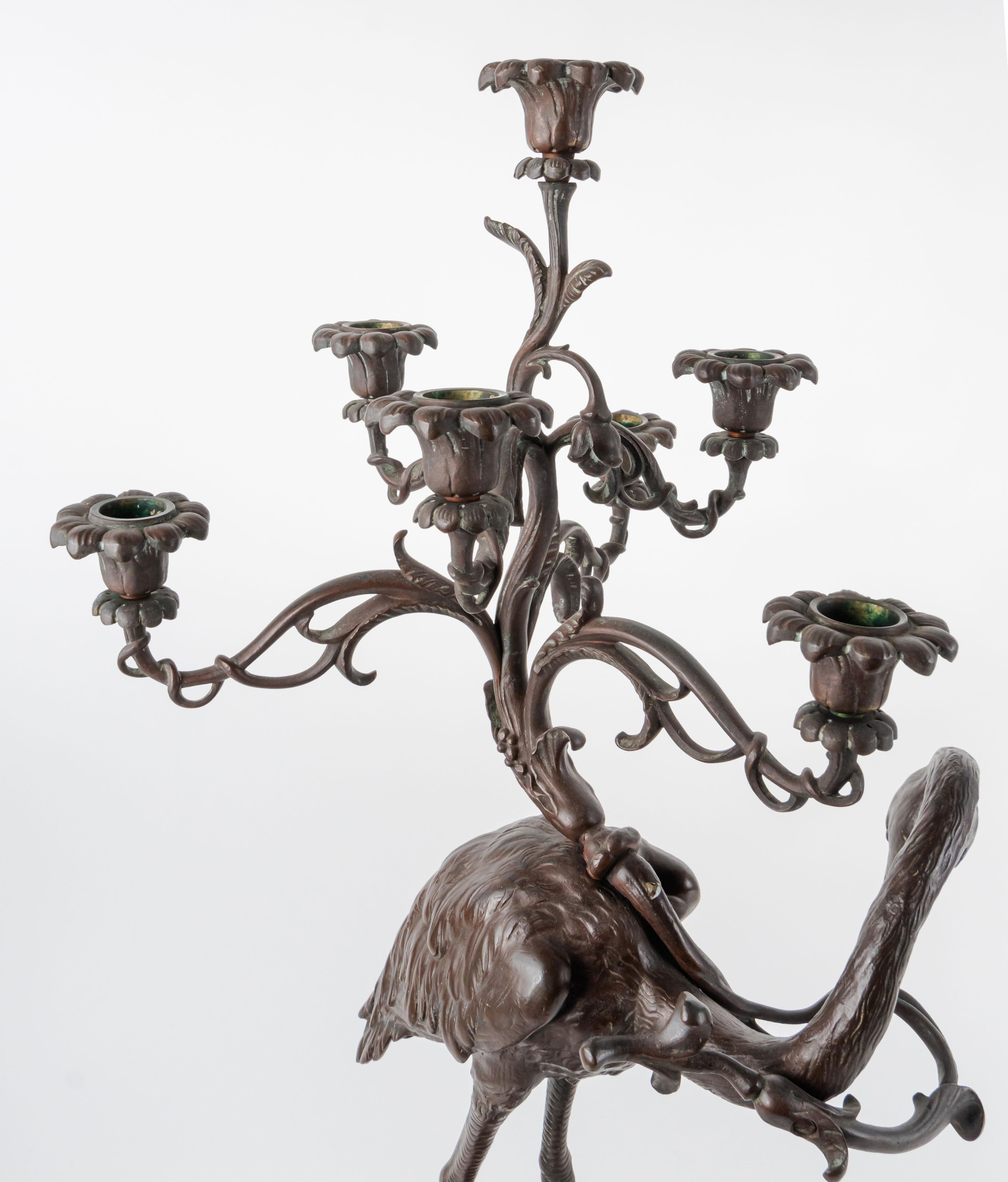 Cast Pair Japonaise Patinated Bronze Seven Light Candelabras, France, 19th Century For Sale