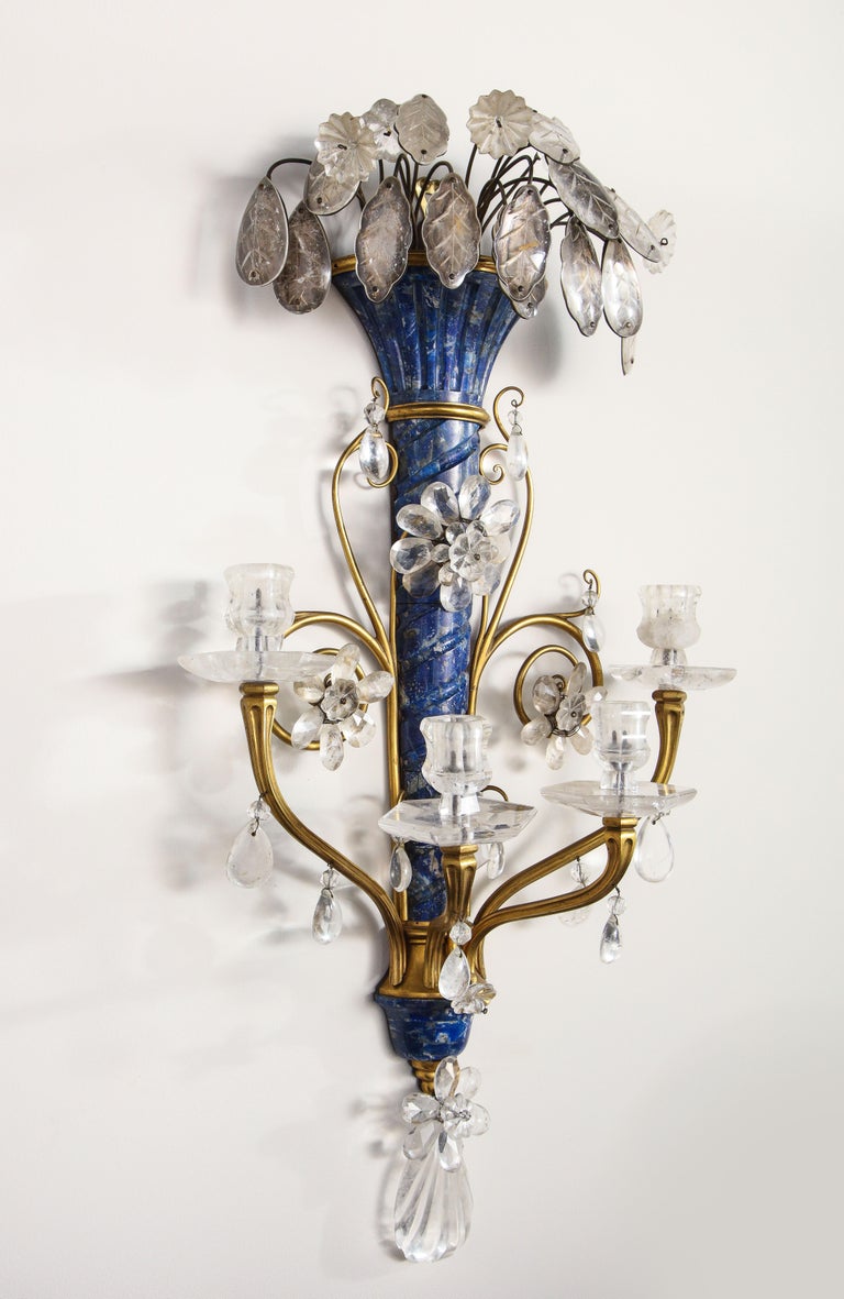 Louis XVI Lapis Lazuli, Rock Crystal and Doré Bronze Four Arm Sconces, E.F. Caldwell, Pair