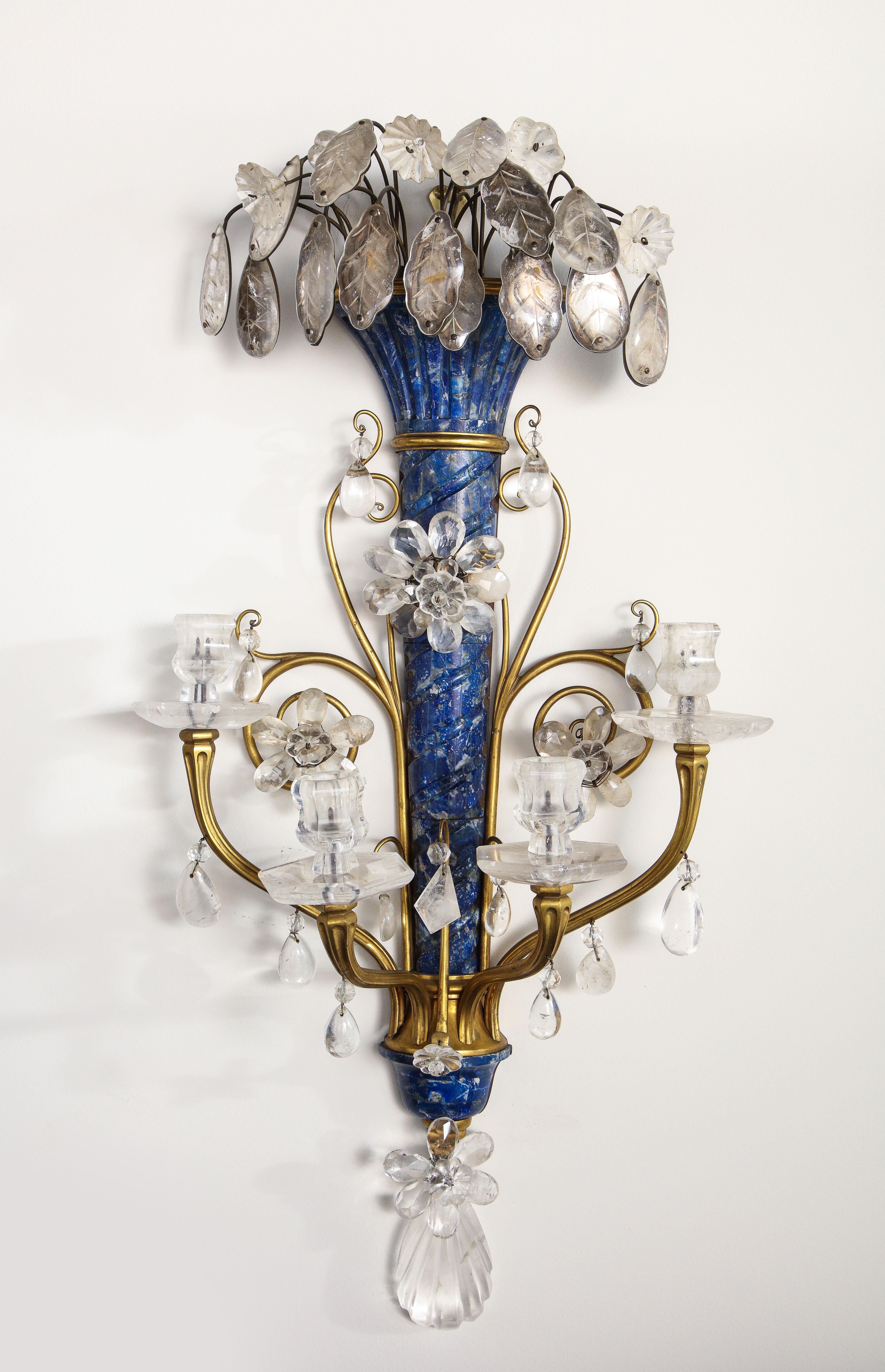 Lapis Lazuli, Rock Crystal and Doré Bronze Four Arm Sconces, E.F. Caldwell, Pair In Good Condition In New York, NY