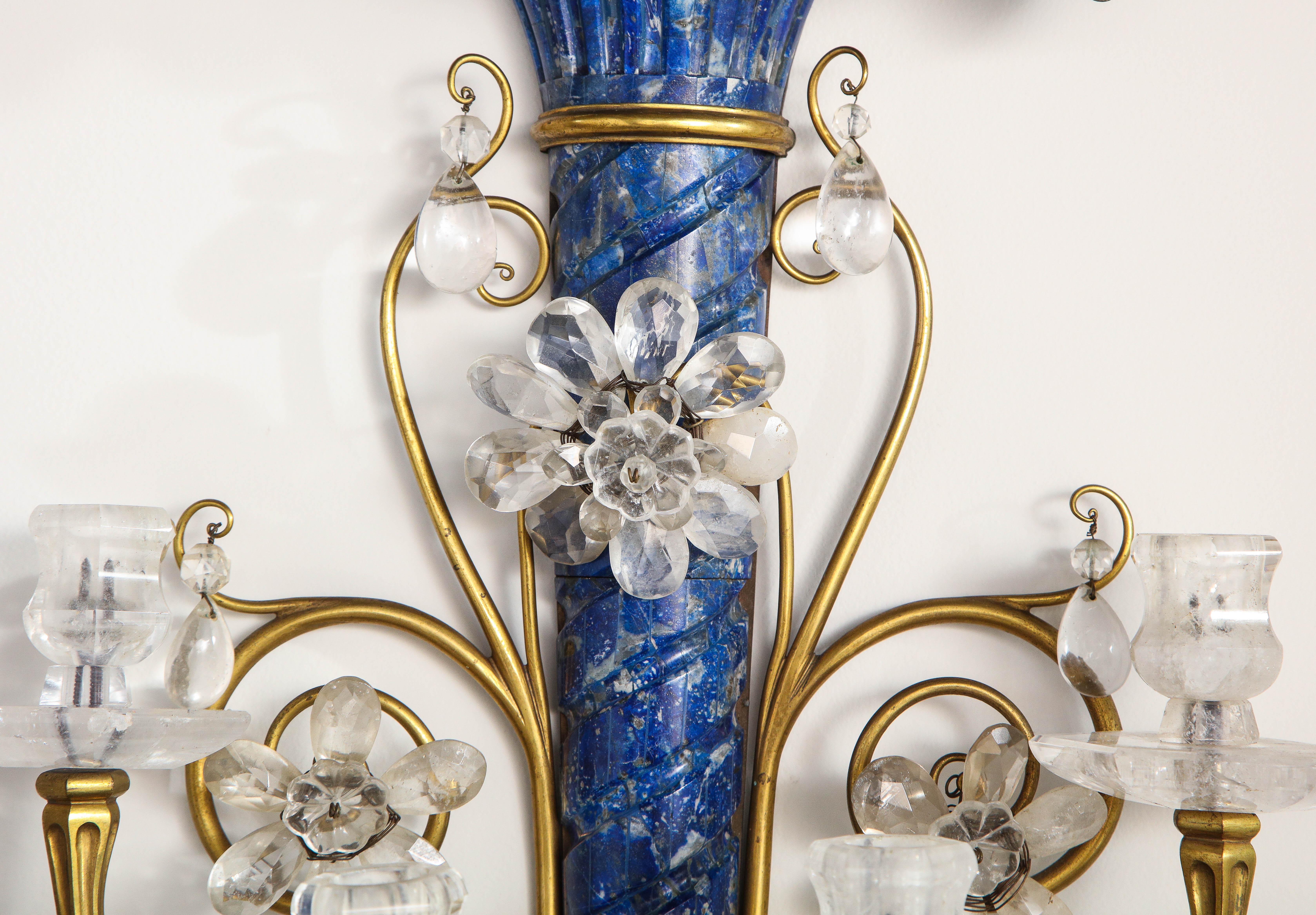 Late 19th Century Lapis Lazuli, Rock Crystal and Doré Bronze Four Arm Sconces, E.F. Caldwell, Pair