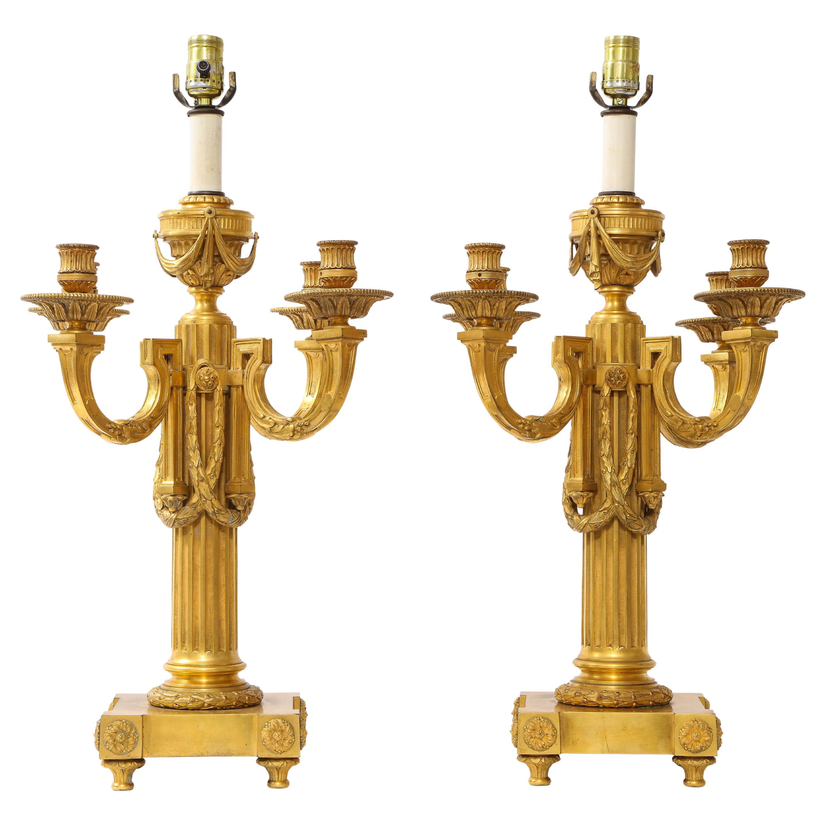 A Pair Louis XVI style French Ormolu 5-Arm Candelabra Turned to Lamps