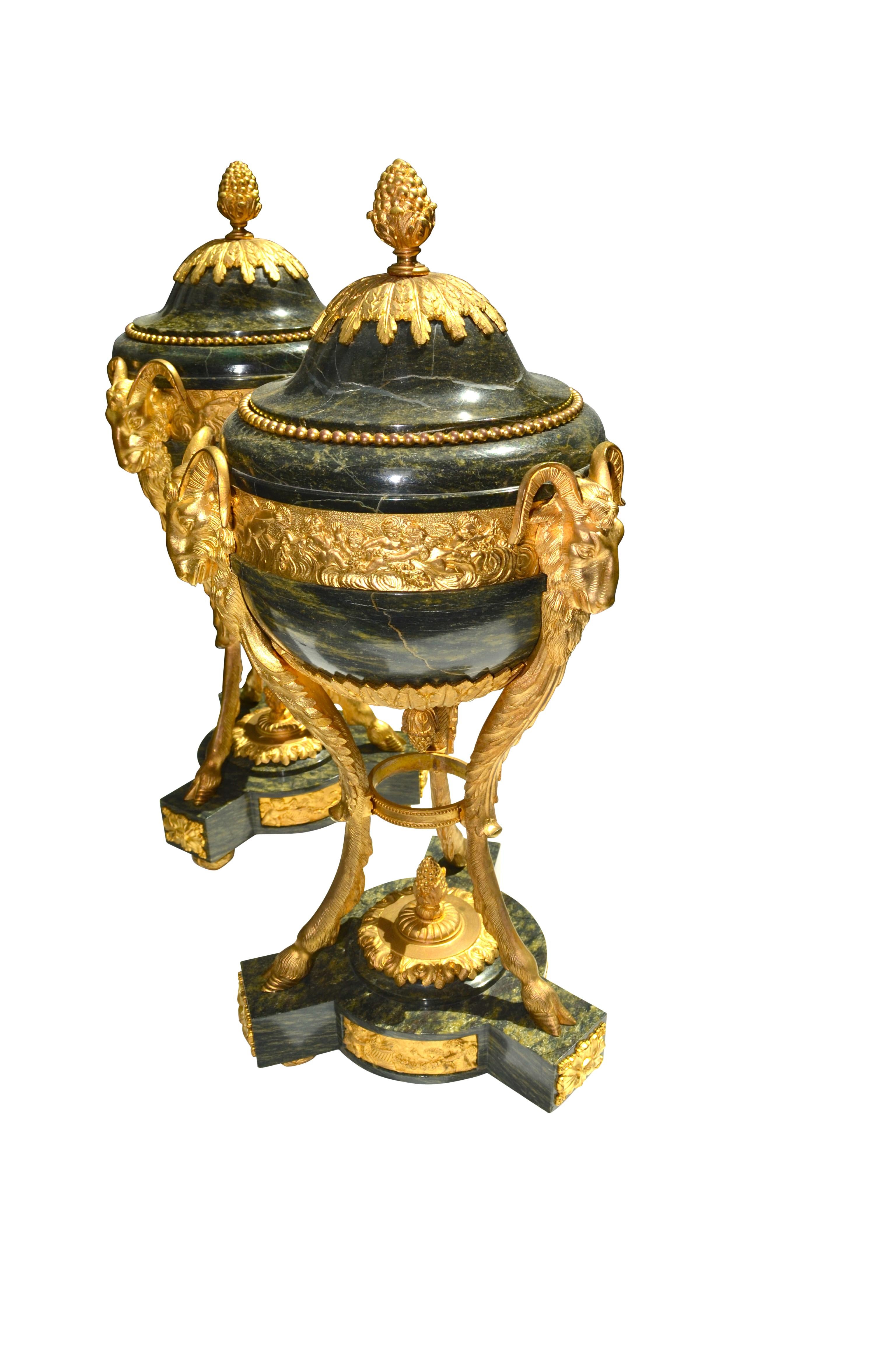 French Pair of Louis XVI Style Verde Antico Marble and Gilt Bronze Lidded Cassolettes For Sale