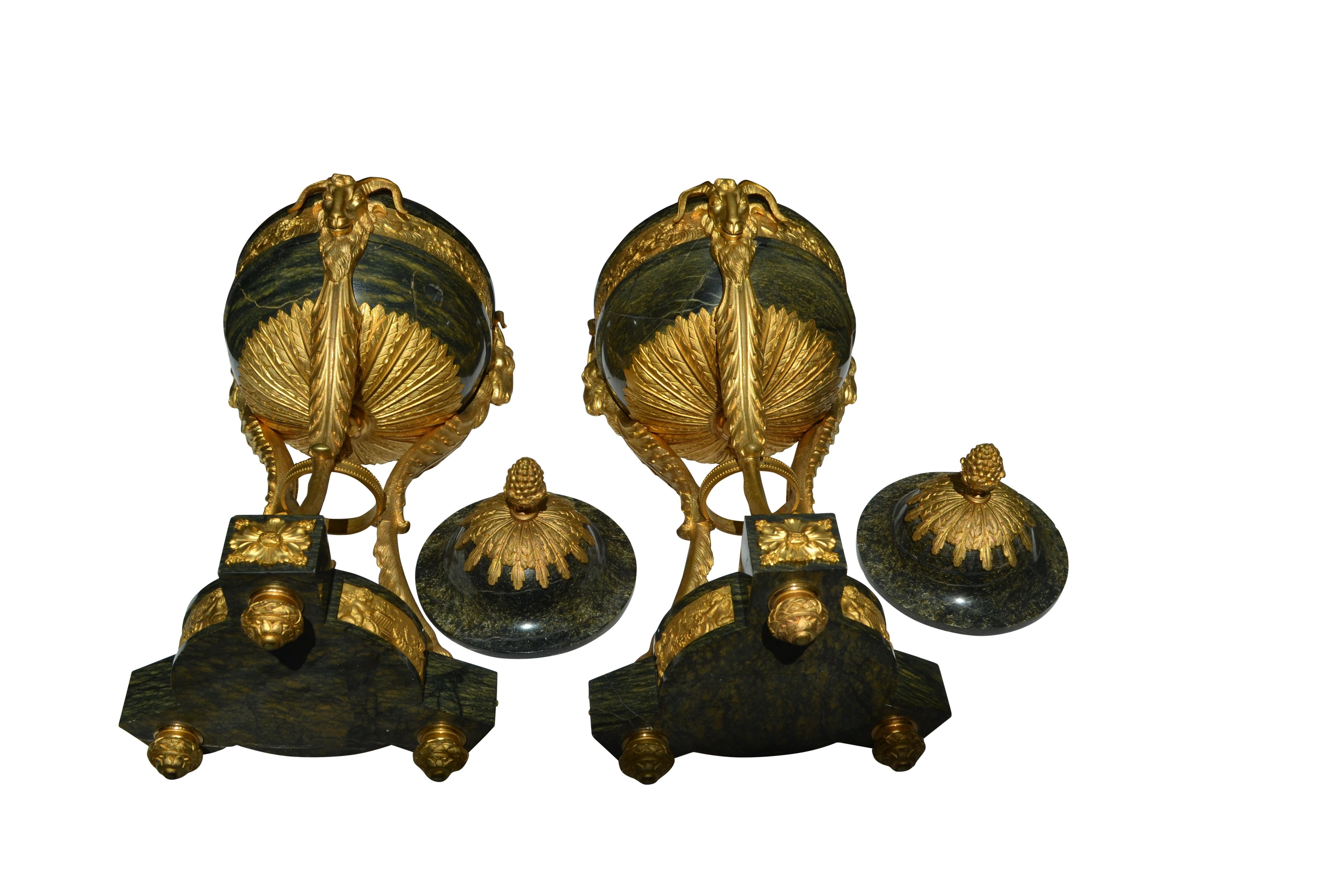 Pair of Louis XVI Style Verde Antico Marble and Gilt Bronze Lidded Cassolettes For Sale 1