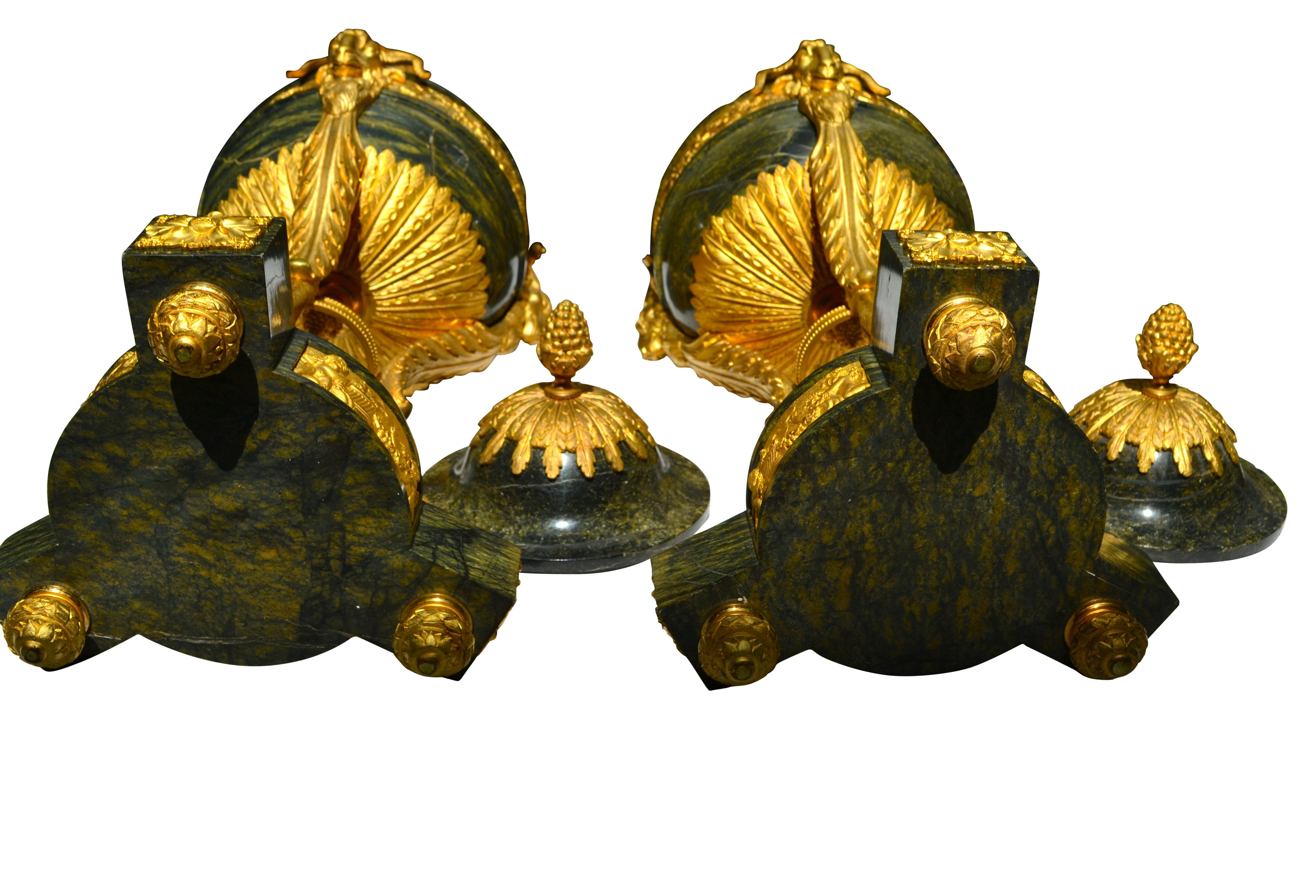 Pair of Louis XVI Style Verde Antico Marble and Gilt Bronze Lidded Cassolettes For Sale 2