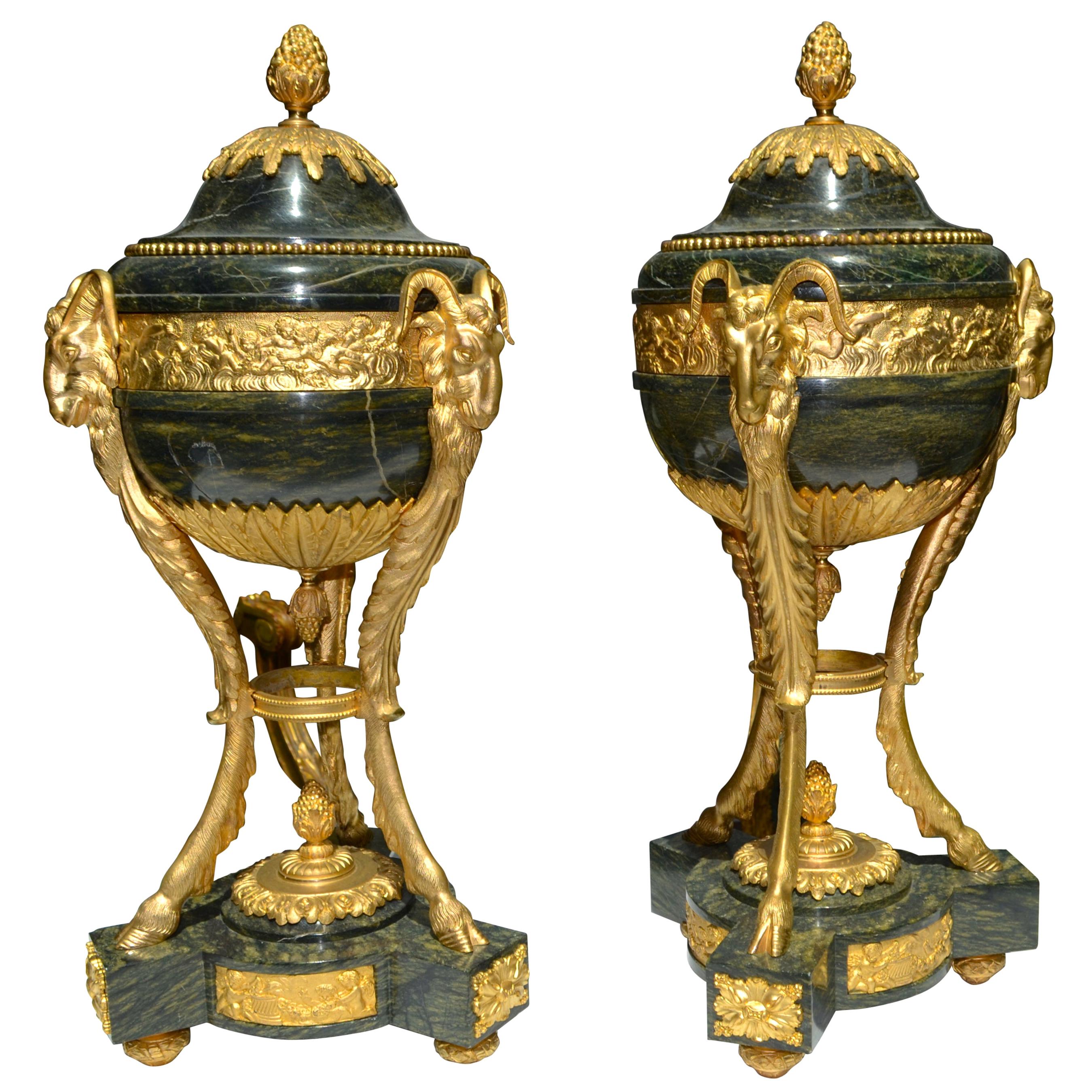 Pair of Louis XVI Style Verde Antico Marble and Gilt Bronze Lidded Cassolettes For Sale