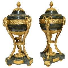 Antique Pair of Louis XVI Style Verde Antico Marble and Gilt Bronze Lidded Cassolettes