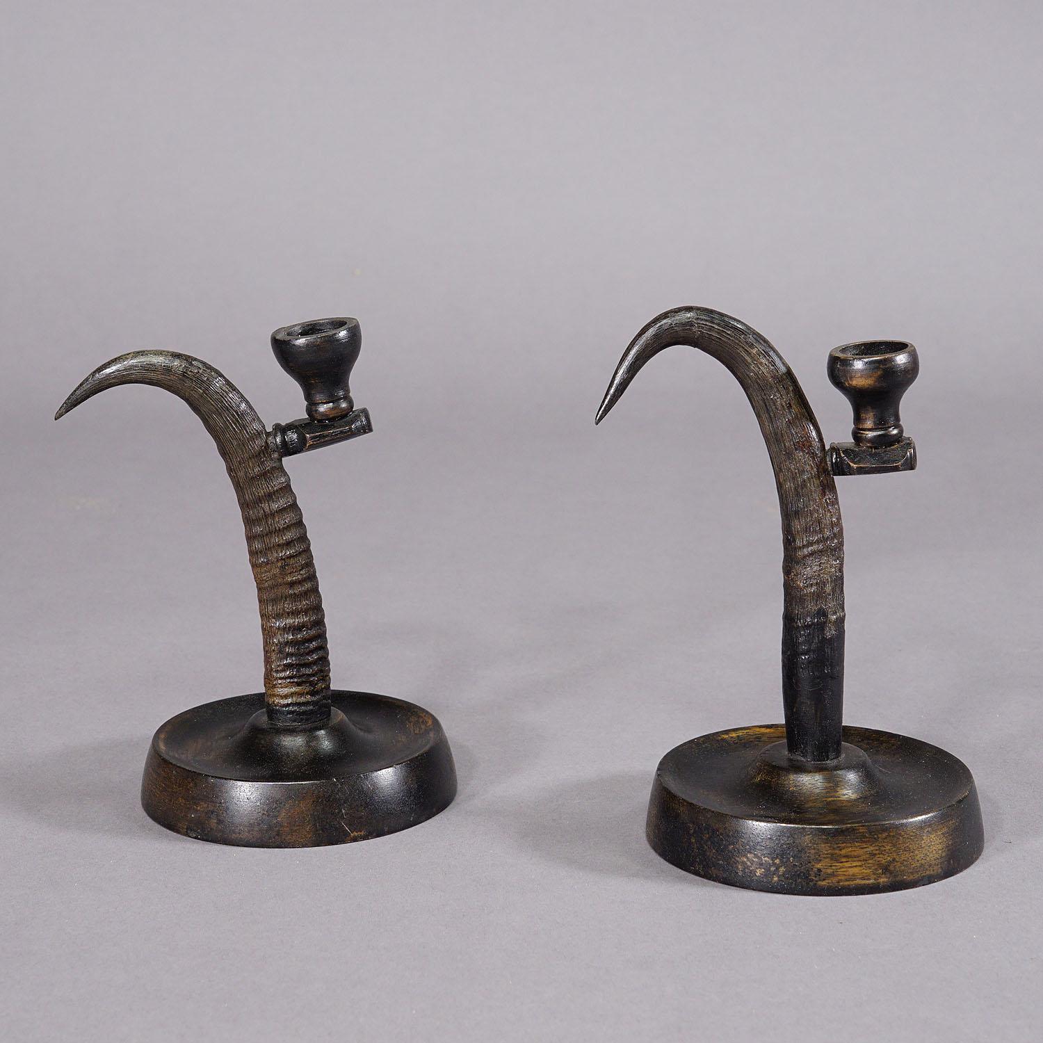 German A Pair Lovely Antique Candle Holders with Chamois Horns For Sale