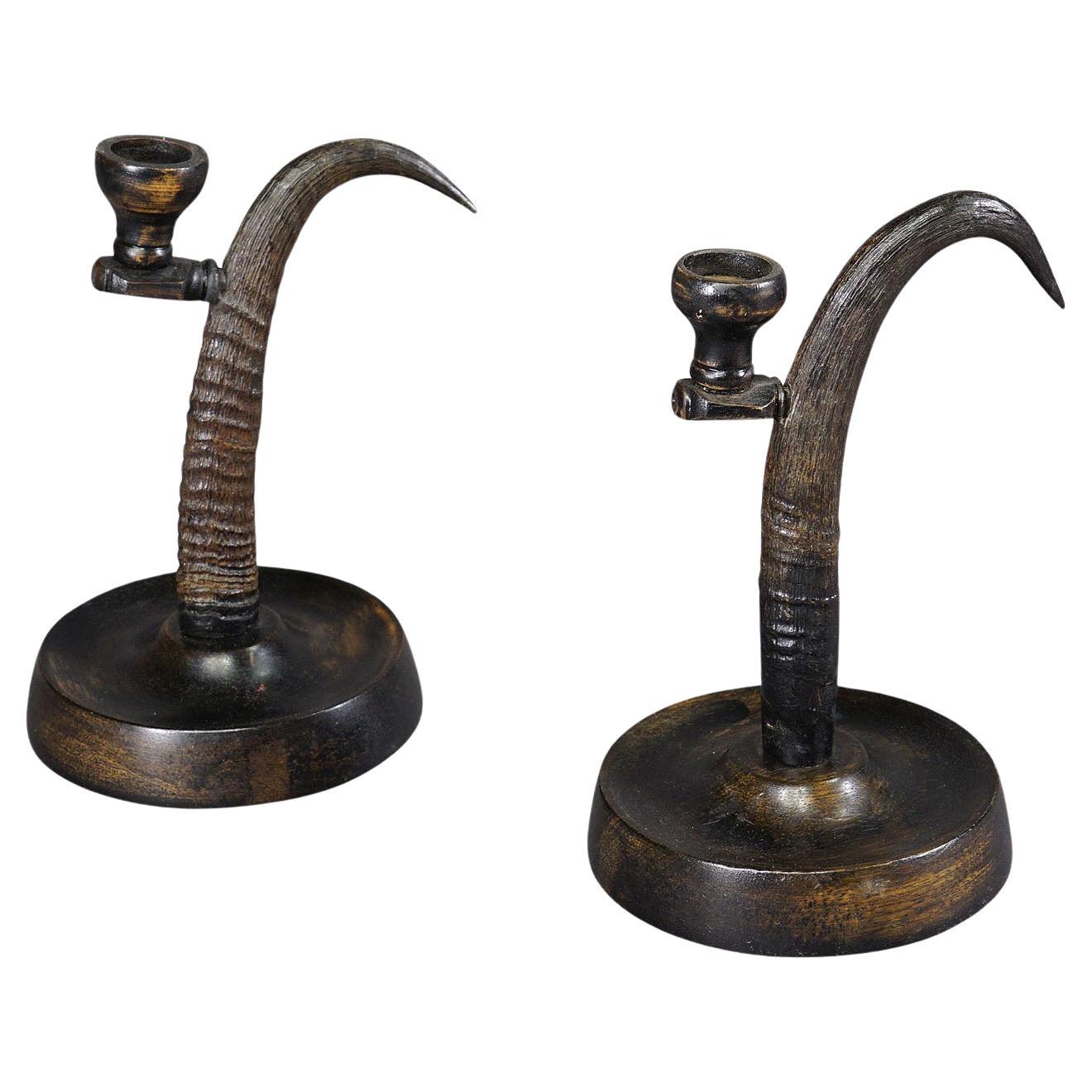 A Pair Lovely Antique Candle Holders with Chamois Horns For Sale