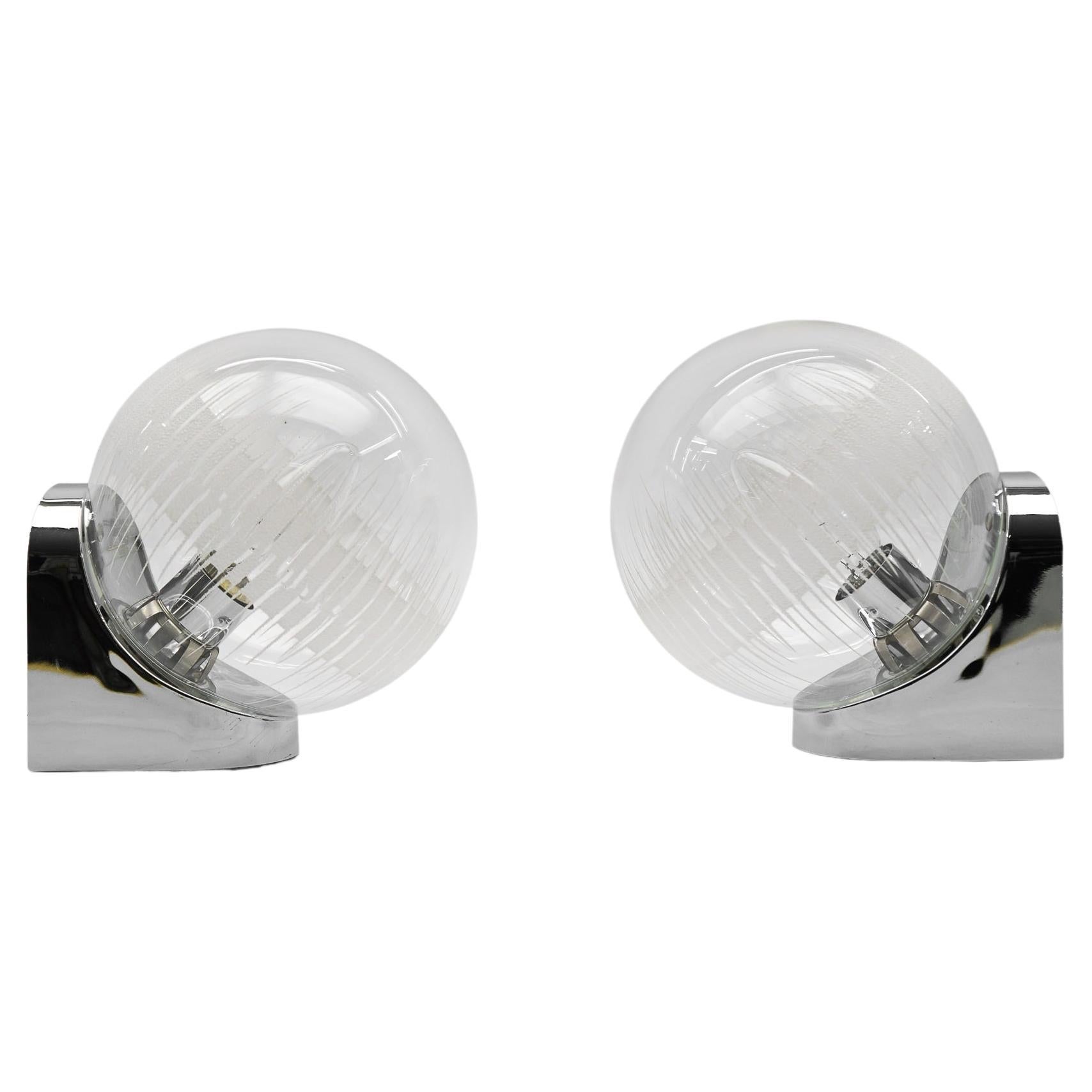 Pair Lovely Chrome Wall Lamps with Etched Clear Glass by Hillebrand, 1960s For Sale