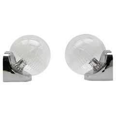 Pair Lovely Chrome Wall Lamps with Etched Clear Glass by Hillebrand, 1960s