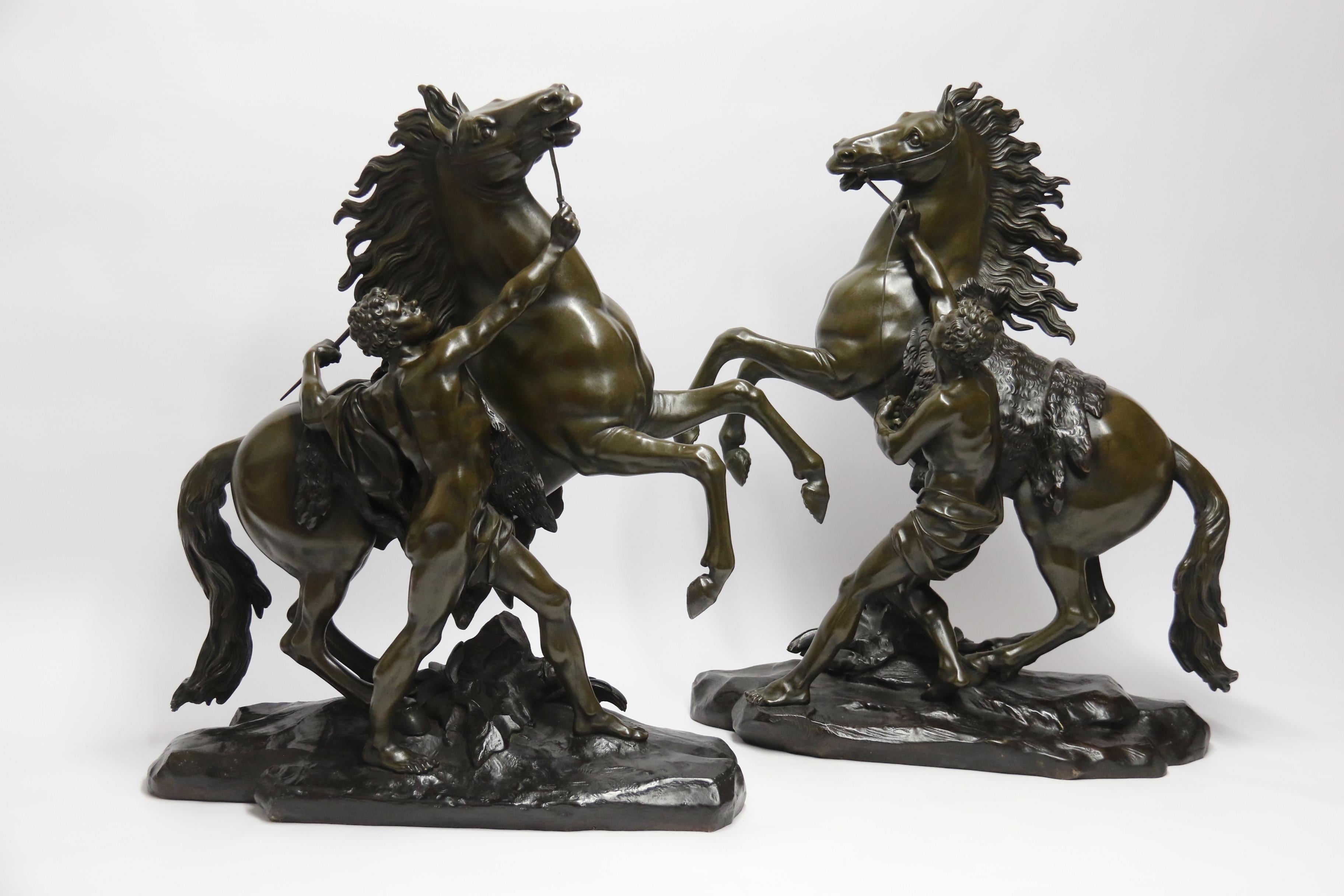 This fantastic pair of 19th century finely sculpted, very large scale bronze figures are after Guillaume Costou (1677-1746). They each depict a wild prancing horse being restrained by the trainer who has them tethered on a short strap, they capture