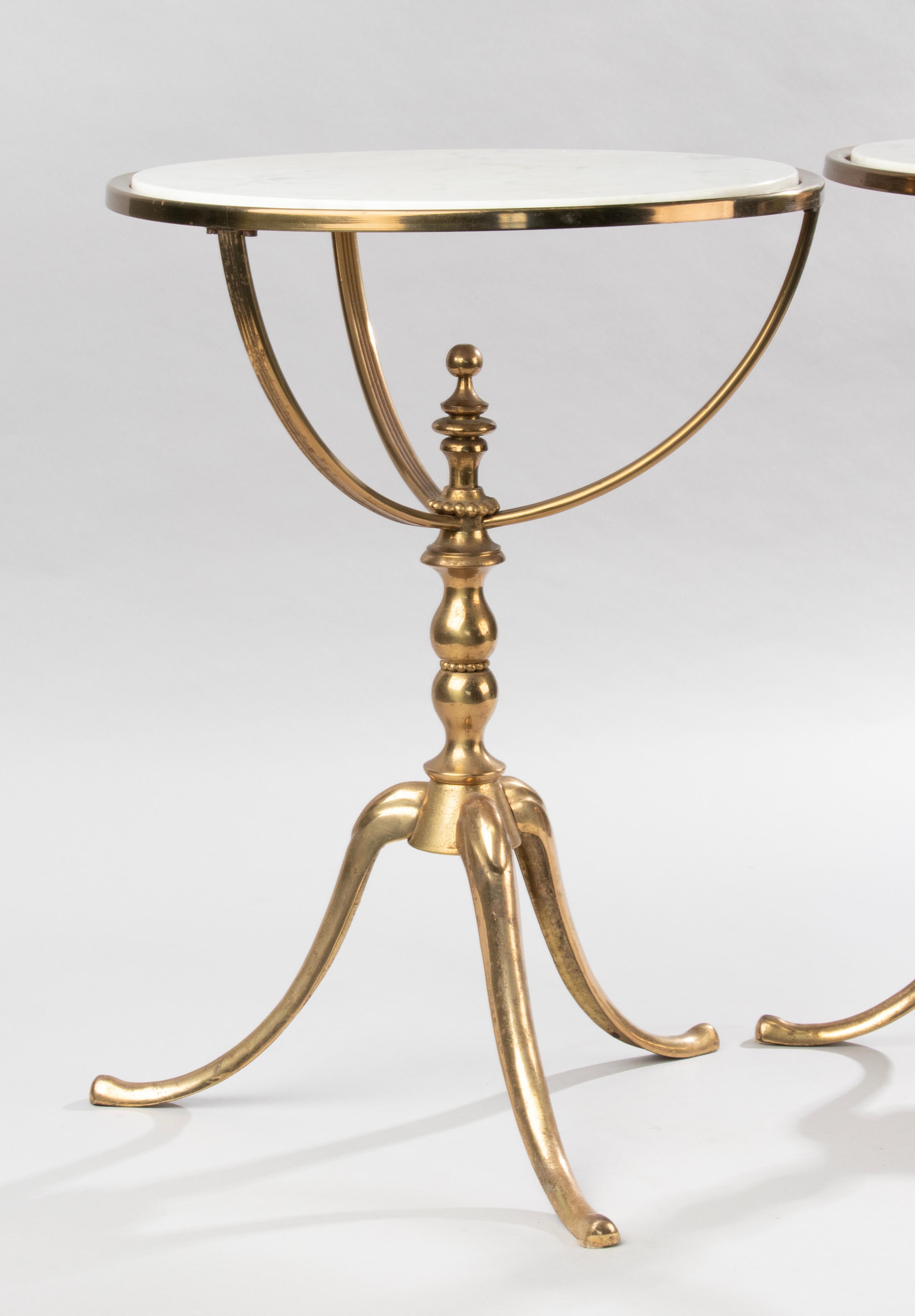 A Pair Mid 20th Century Brass Colored Tripod Side Tables - Marble Tops For Sale 7