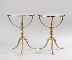 A Pair Mid 20th Century Brass Colored Tripod Side Tables - Marble Tops