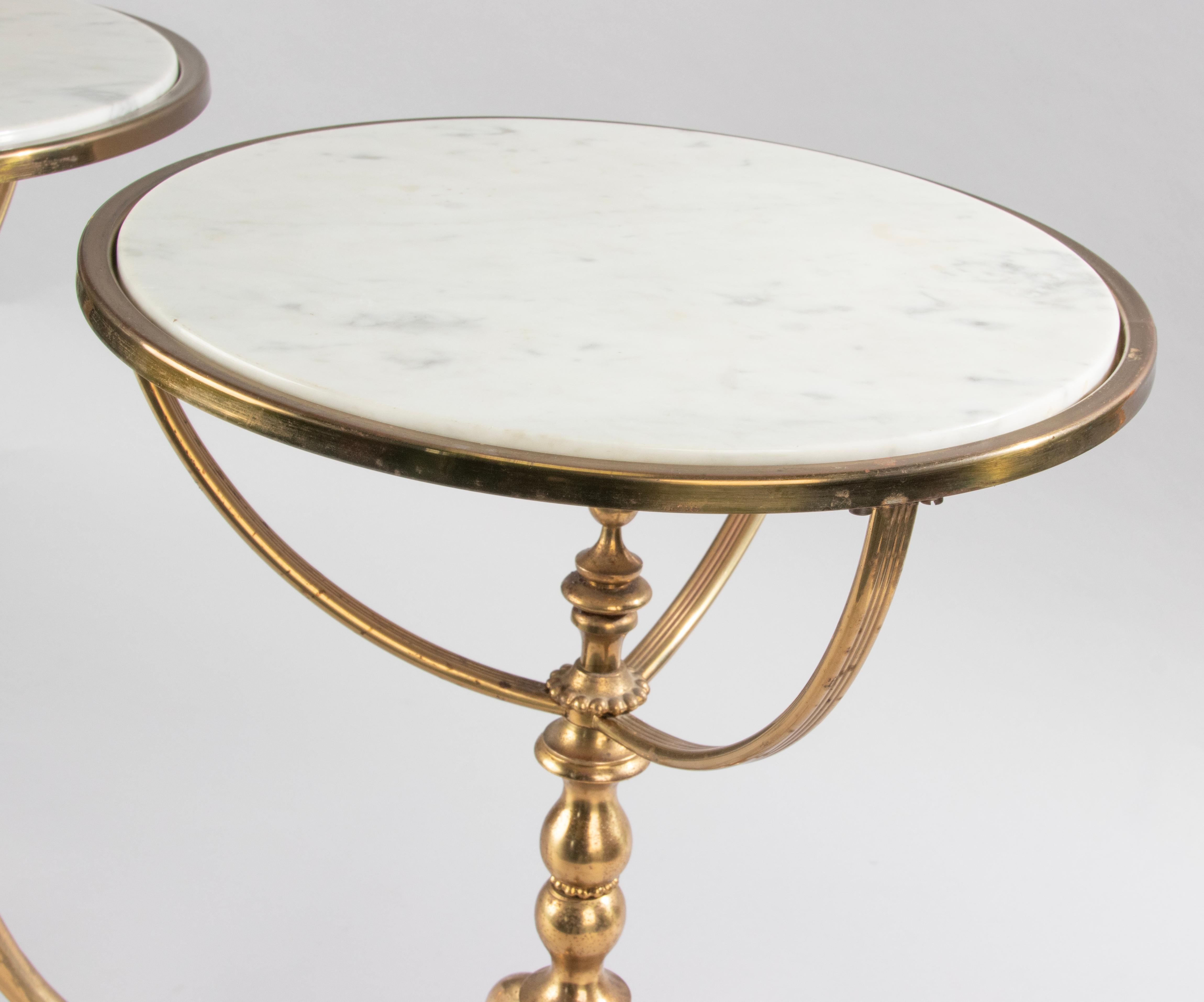 A Pair Mid 20th Century Brass Colored Tripod Side Tables - Marble Tops In Good Condition For Sale In Casteren, Noord-Brabant