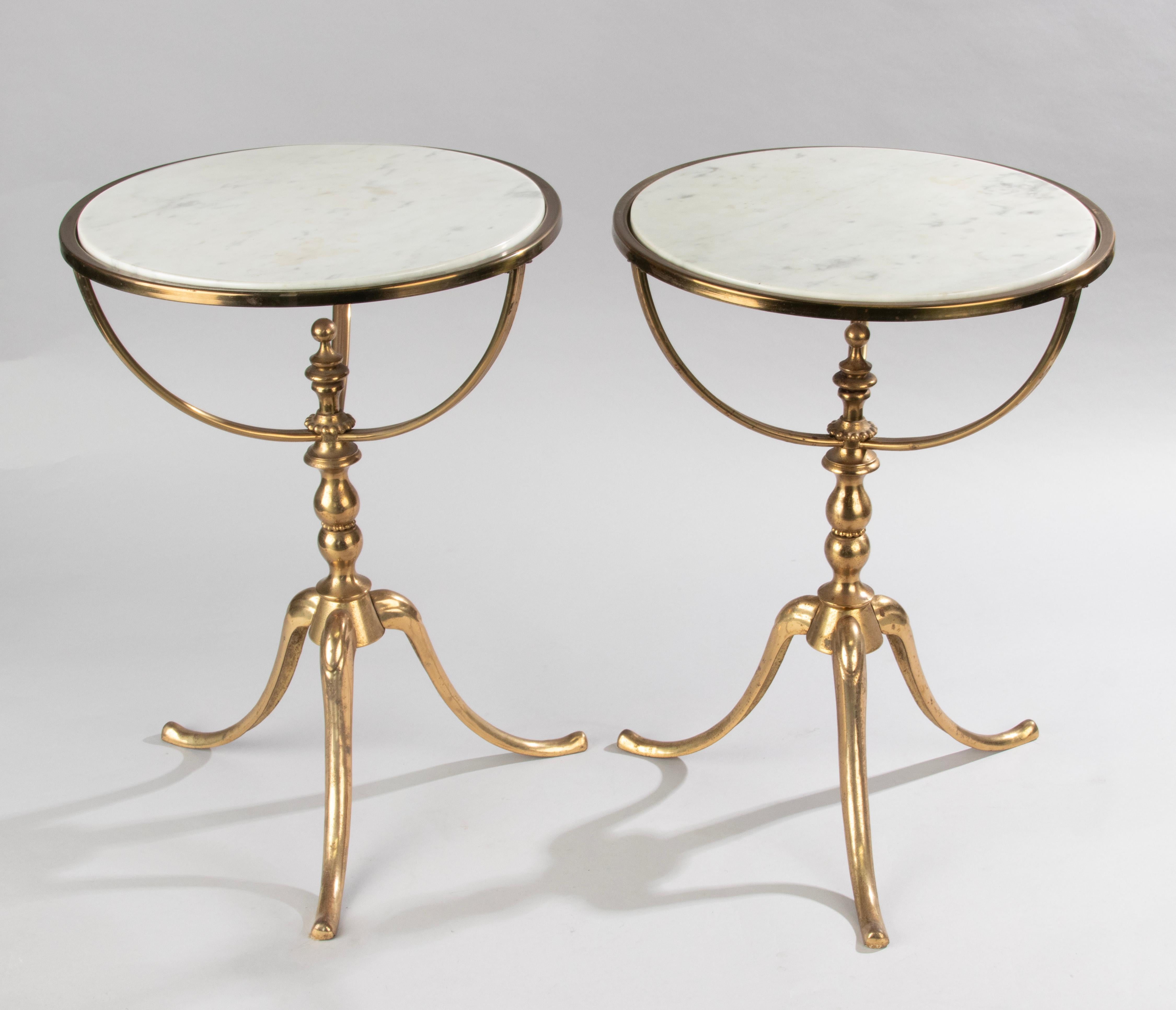 Metal A Pair Mid 20th Century Brass Colored Tripod Side Tables - Marble Tops For Sale